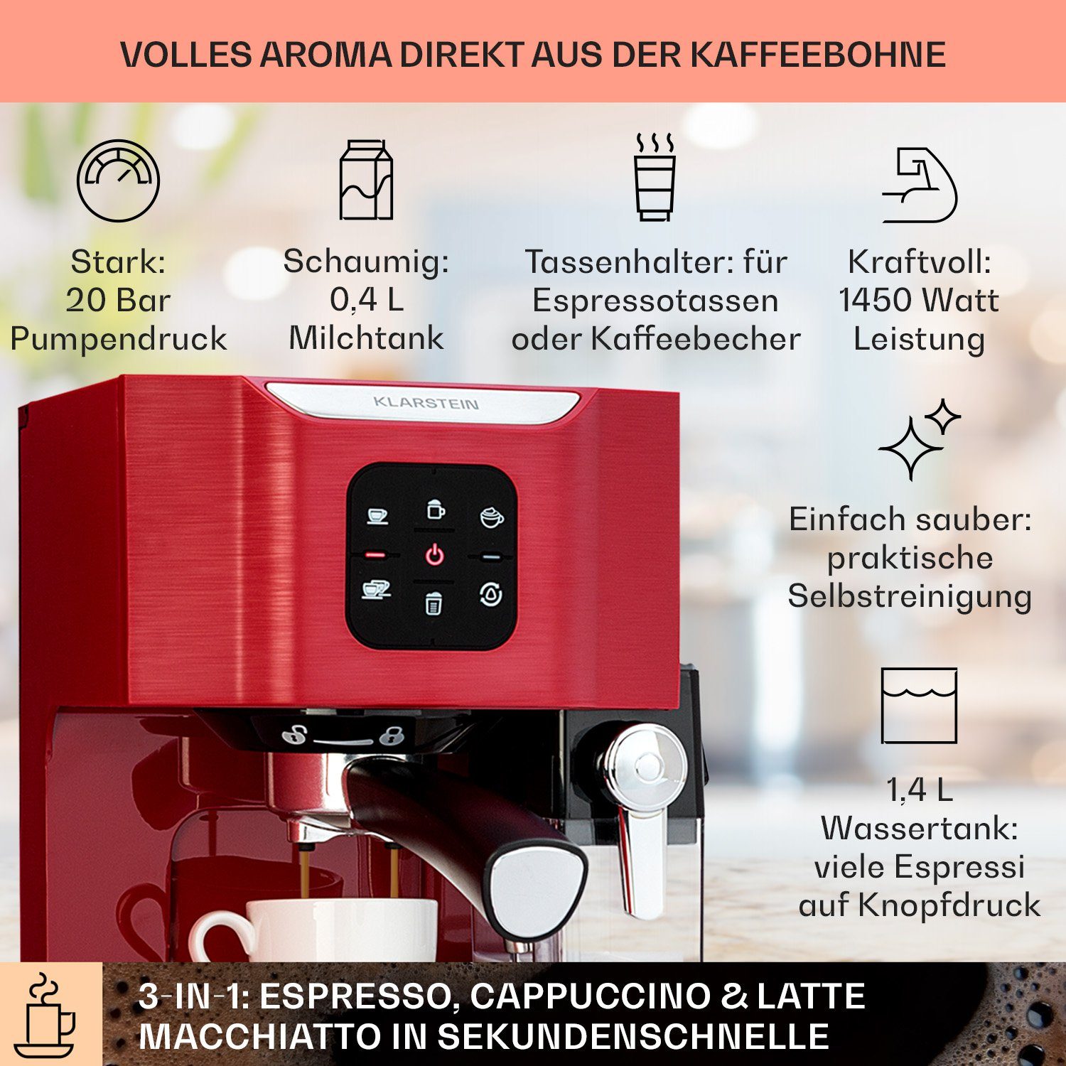 Filterkaffeemaschine COF8-BellaVita-Rot, Kaffeekanne Klarstein 1.4l