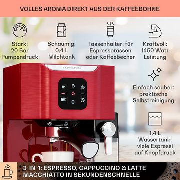 Klarstein Multigetränkeautomat BellaVita Kaffeemaschine 3-in-1 1450 W 20 Bar Milchschäumer, 1.4l Kaffeekanne