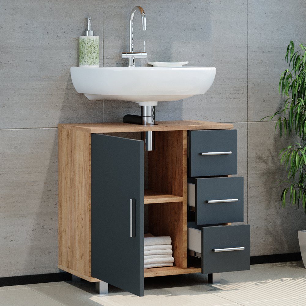 Vicco Waschbeckenunterschrank Ilias, Eiche/Anthrazit, 60 x 60.8 cm Drehbar