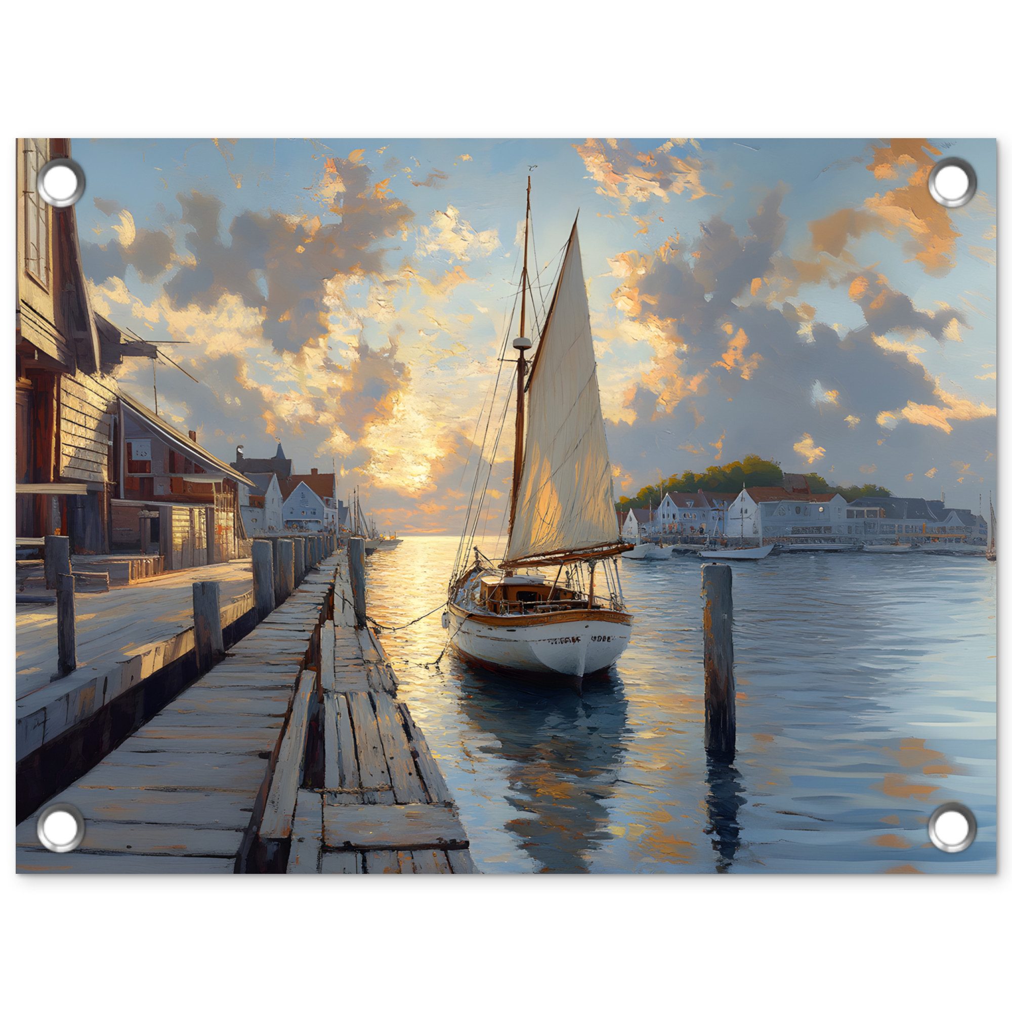 OnlyWow Poster für Garten Segelboot - Sonne - Pier - Holz, Gartenposter, Outdoor Bilder, Gartendekoration Bild, 40x30 cm