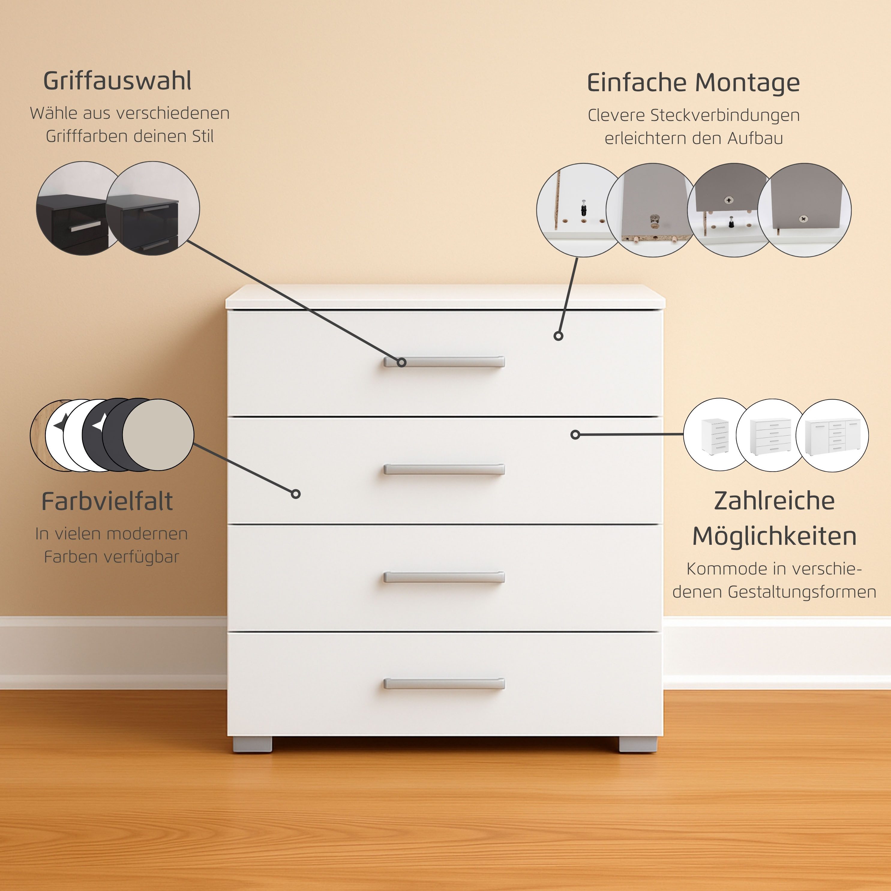 OTTO home Schubkastenkommode Kommode Sideboard Schubladenkommode Schlafzimmerkommode KOLUNA (Breite 80 cm mit hochwertiger Glasfront), Breite 93 cm mit 4 großen Schubladen für viel Stauraum MADE IN GERMANY