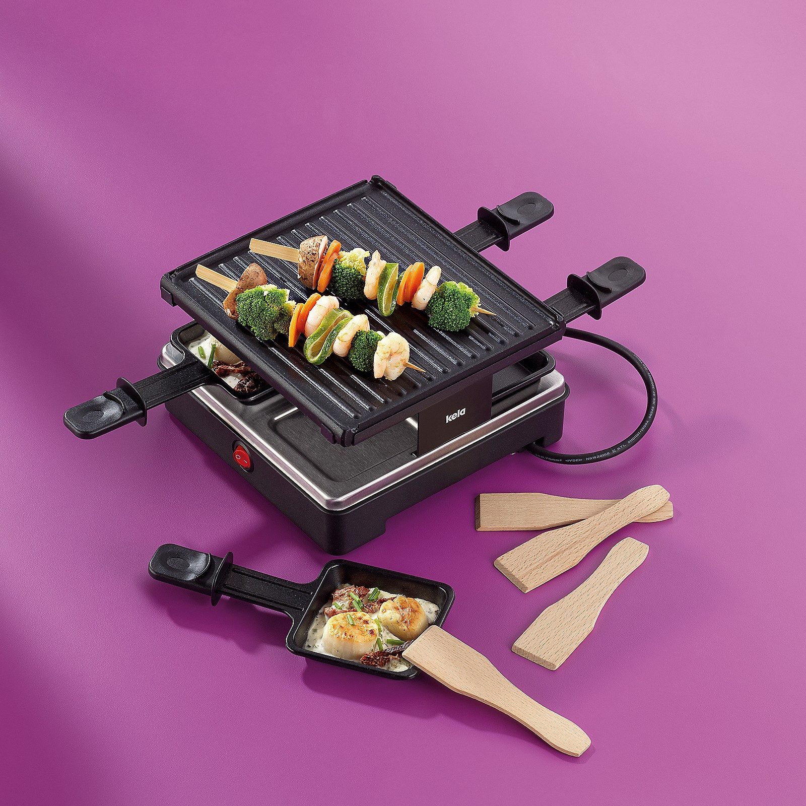 kela Raclette Geneva, 4 Raclettepfännchen, Grillplatte Aluguss für 4 Personen schwarz antihaftbeschichtet, 600W