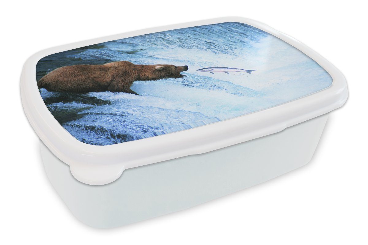 MuchoWow Lunchbox Bär Brotbox (2-tlg), für Brotdose, für Mädchen Jungs weiß Wasserfall, Erwachsene, und Fisch - Kinder - und Kunststoff