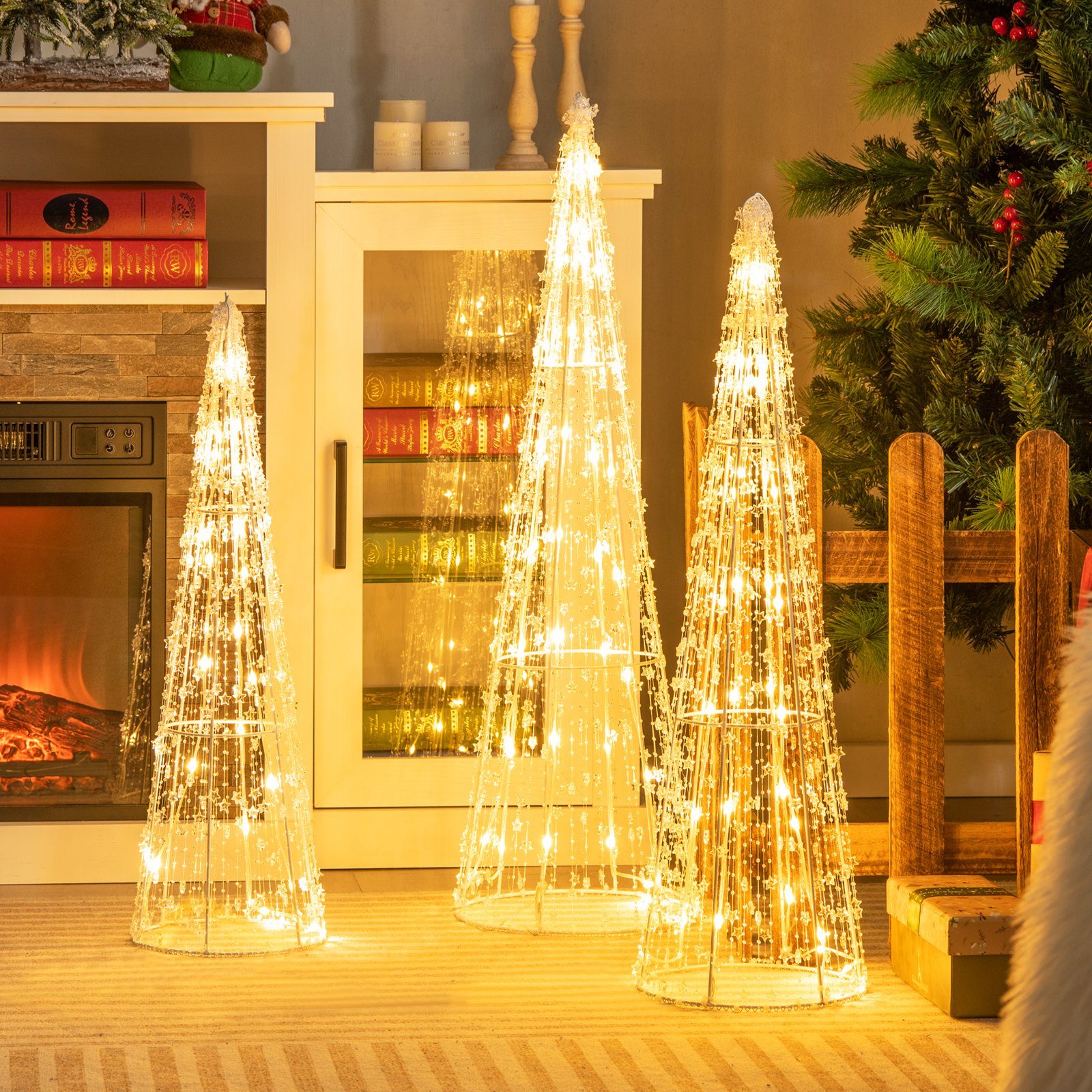 COSTWAY LED-Dekofigur, 3er Weihnachtsbaum Kegelform mit 90 LEDs, 81/72/62cm günstig online kaufen
