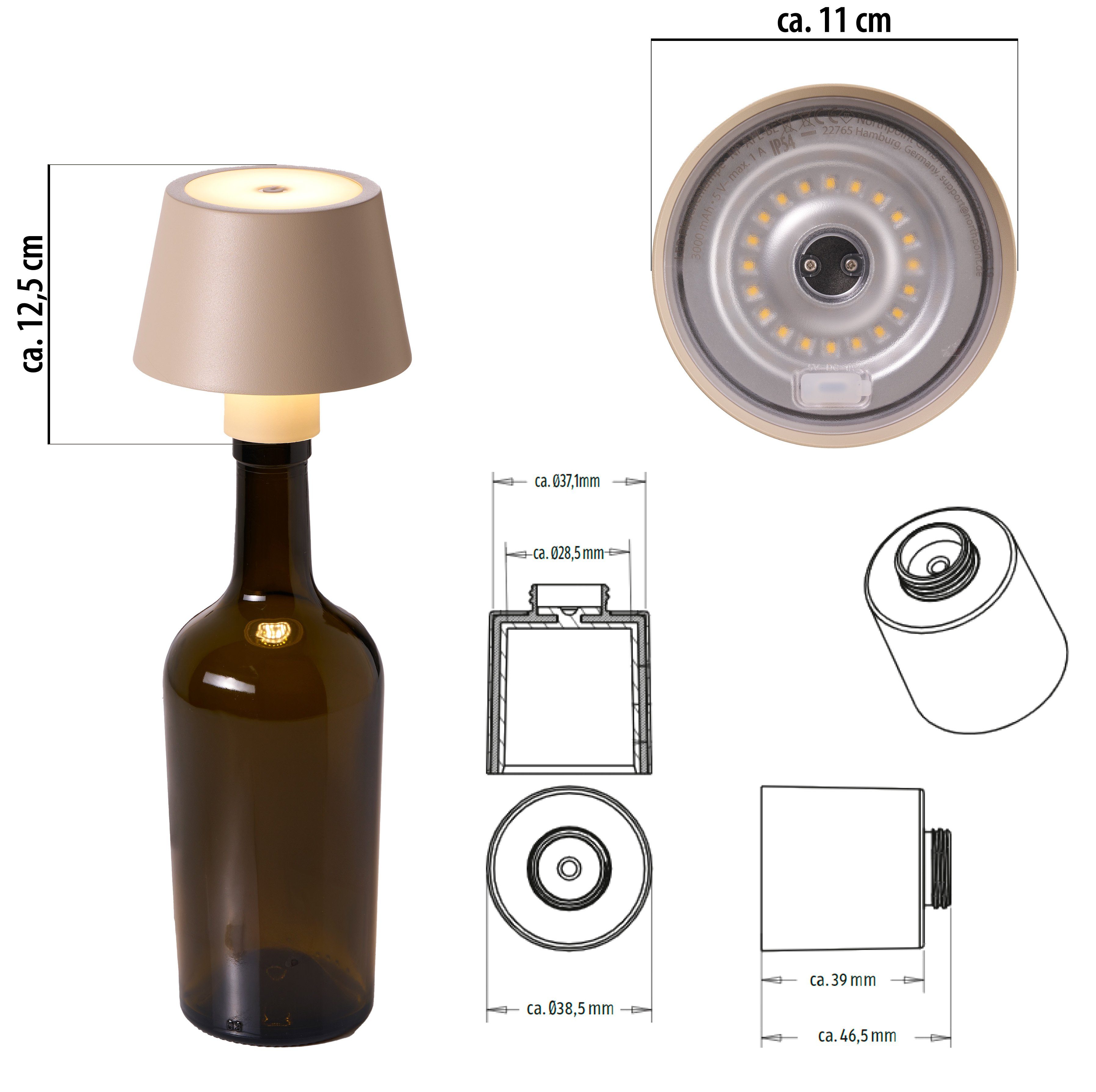 mit Tischleuchte LED Dimmbar Tischleuchte & beige Akku Akku Touchsensor Flaschenlampe Northpoint