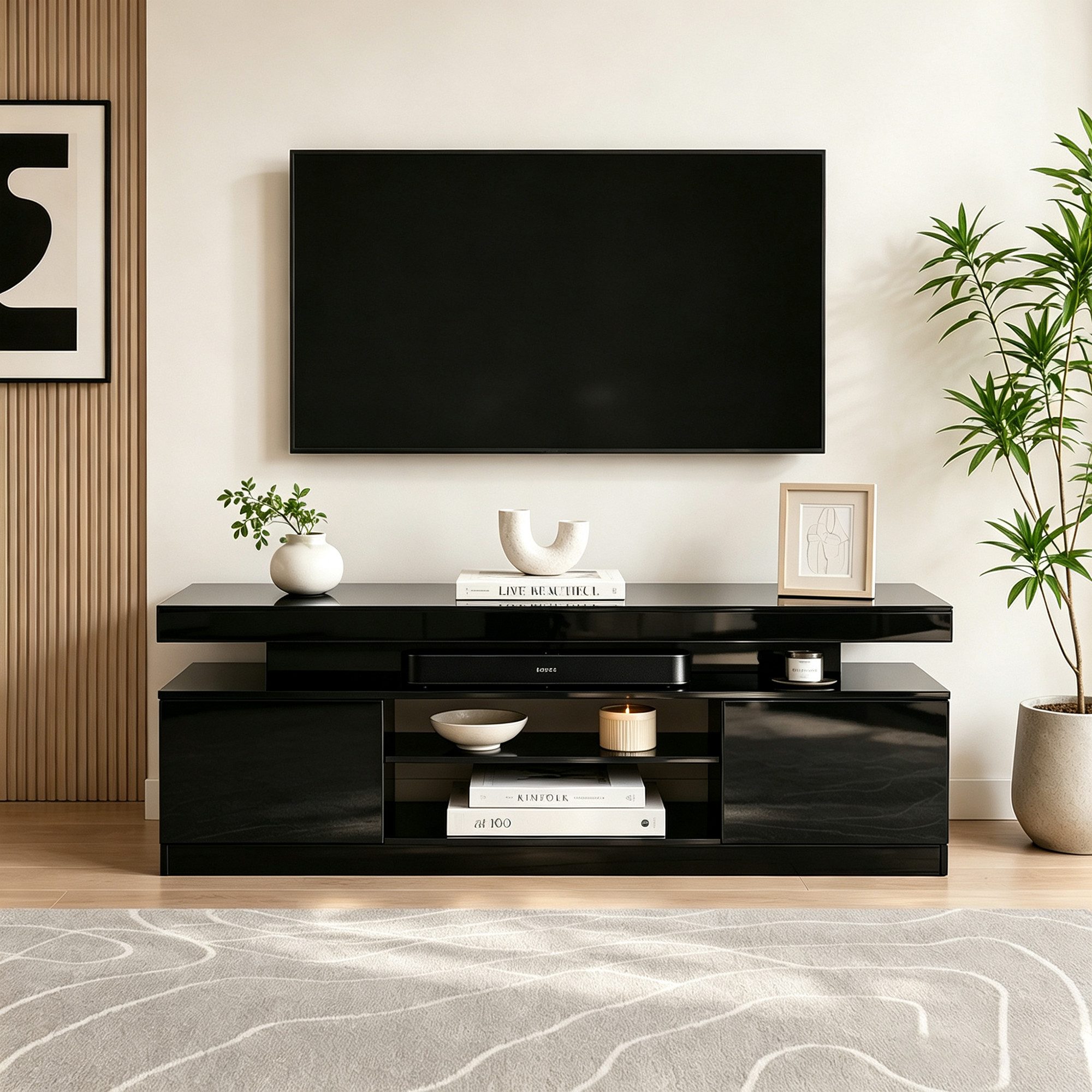 Sunsitt TV-Schrank 160 cm TV-Schrank (Weiß TV-Board mit 2 Fach, TV-Regal für Fernseher bis zu 65 Zoll) TV Kommode für Wohnzimmer, Esszimmer, Schlafzimmer, Schwarz
