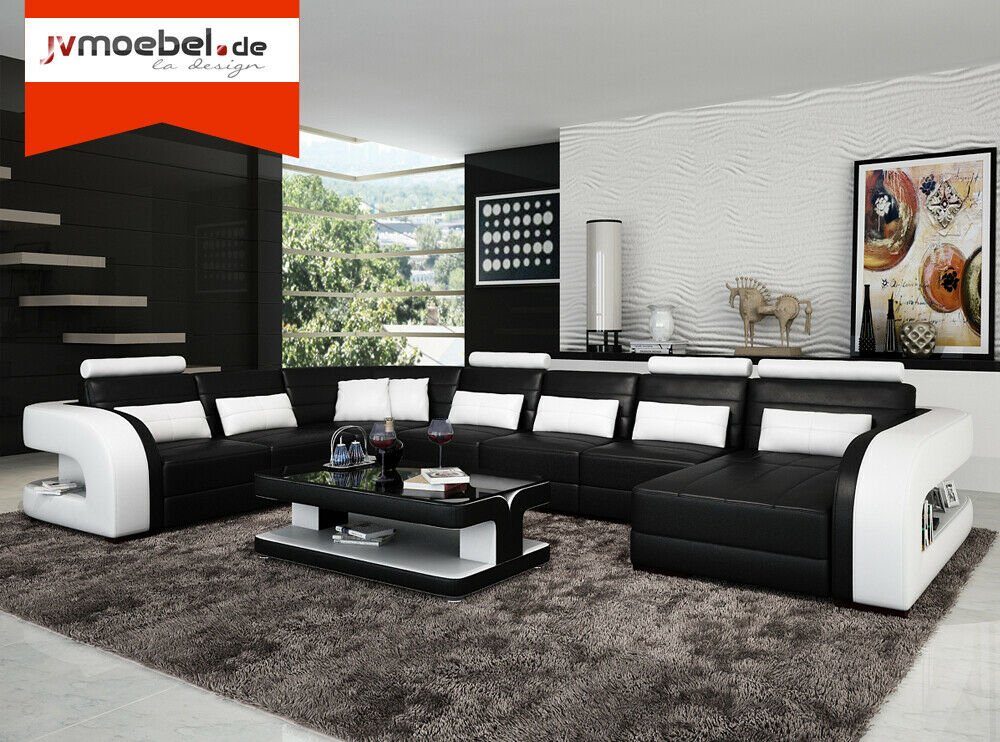 JVmoebel Ecksofa Big Wohnlandschaft Sofa mit USB Couch Eck Leder Sofa Garnitur Couchen Schwarz/Weiß