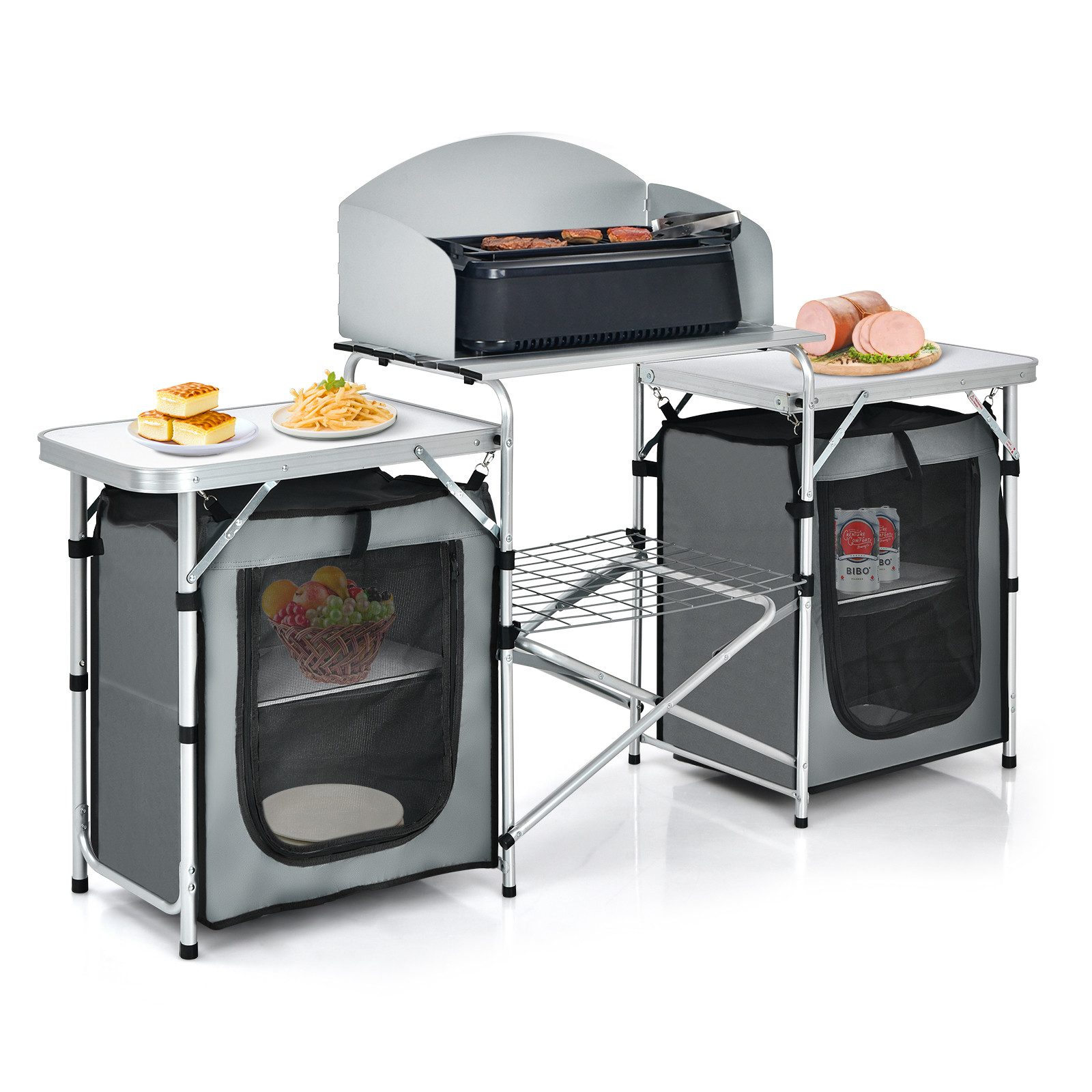 KOMFOTTEU Campingtisch, Campingküche mit Arbeitsplatte, Windschutz, Staufächern & Tragetasche