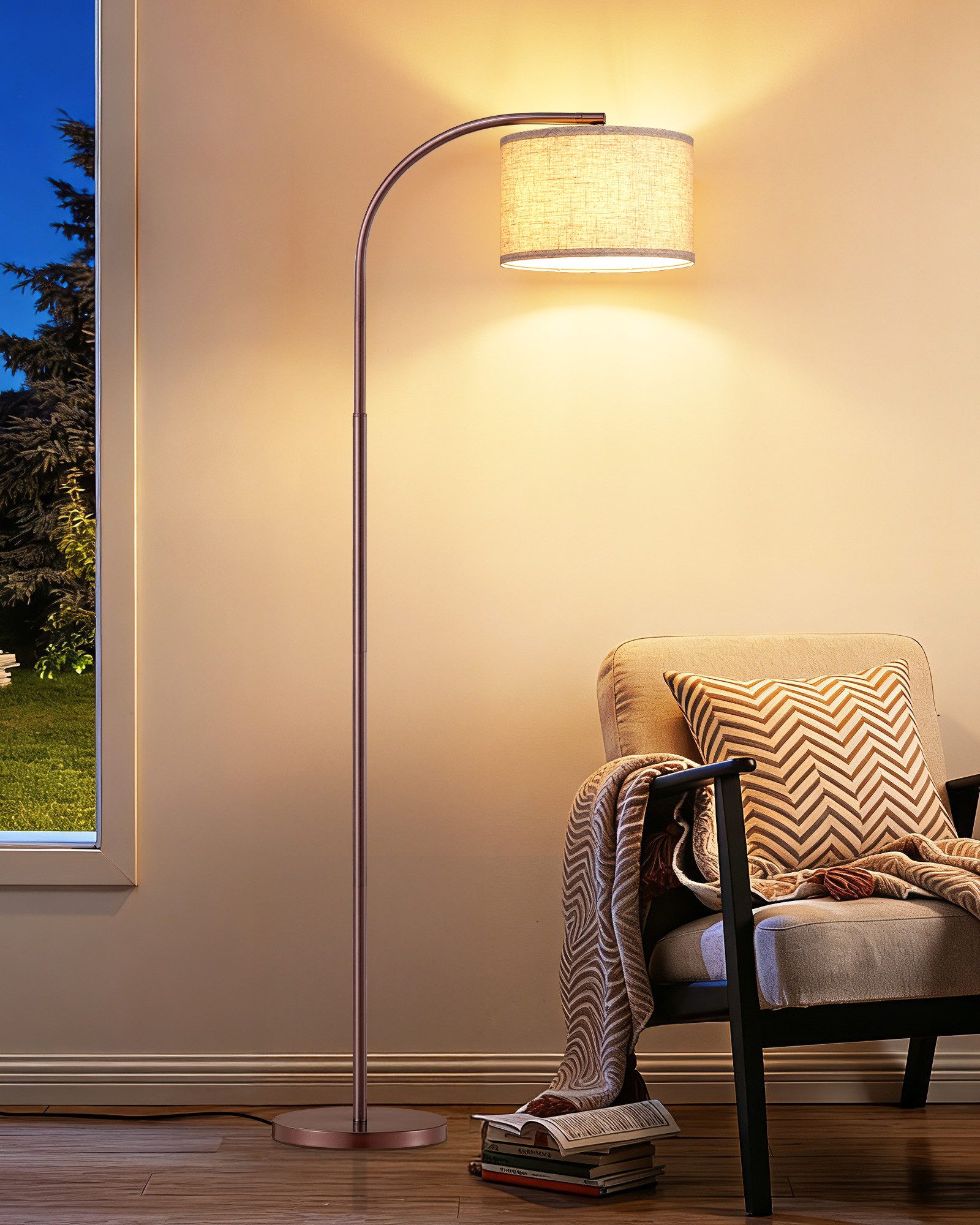 EDISHINE Stehlampe Wohnzimmer, mit E27 LED-Glühbirne, warmweiß, 161cm Bogenlampe mit verstellbarem Leinen-Lampenschirm, Braun