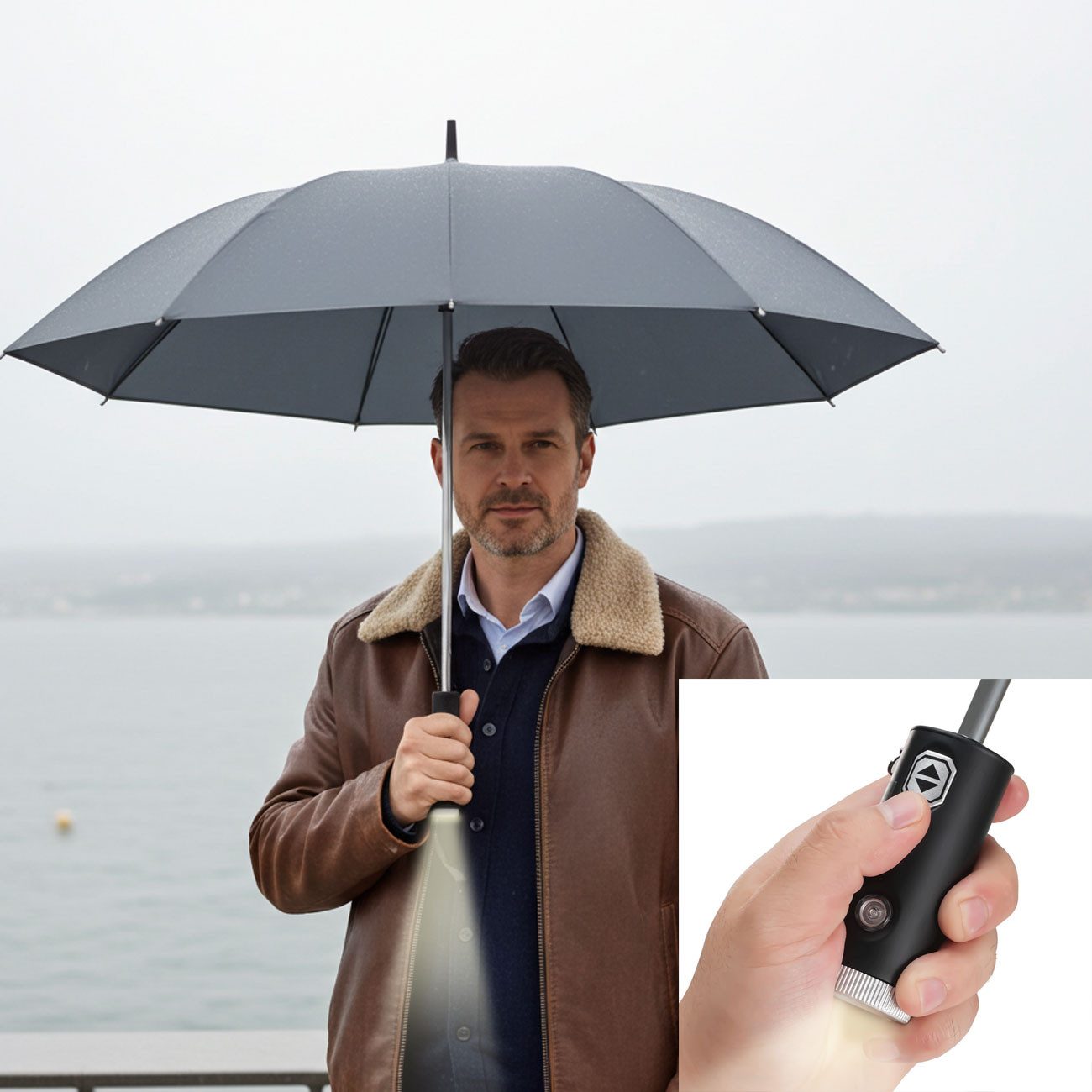 shop'n smile ideoon Taschenregenschirm Faltbarer Regenschirm LED-Taschenlampe Taschenschirm Anthrazit Ø105cm, Auf-Zu-Automatik/Stoff mit UPF 50+/inkl. Handschlaufe