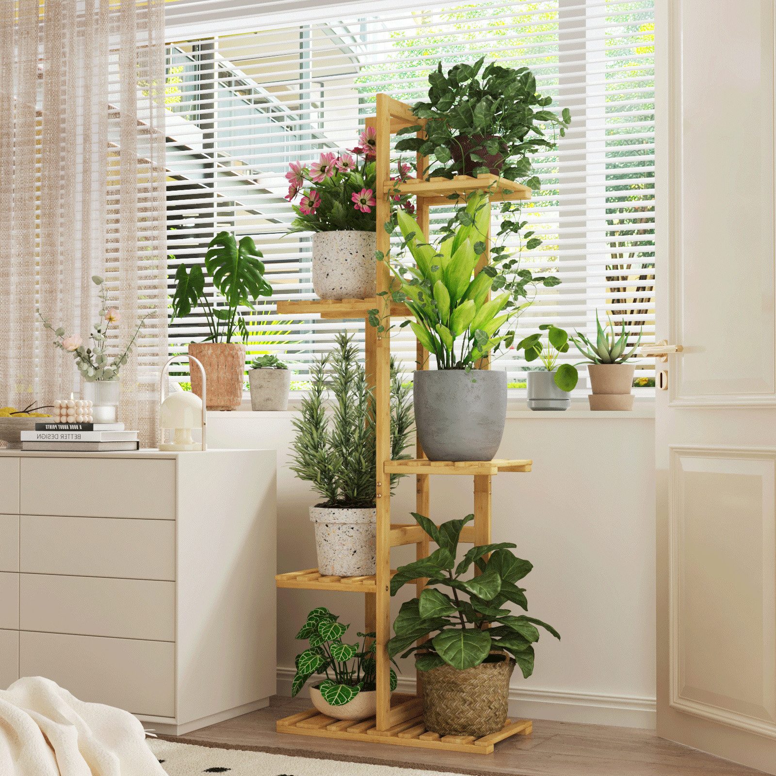 Bamworld Blumenständer 5-stöckig aus Bambus, Blumenregal, Pflanzenständer (1 St), Indoor Pflanzenregal für Terrasse, Garten, Balkon, Wohnzimmer – Bild 4 von 5