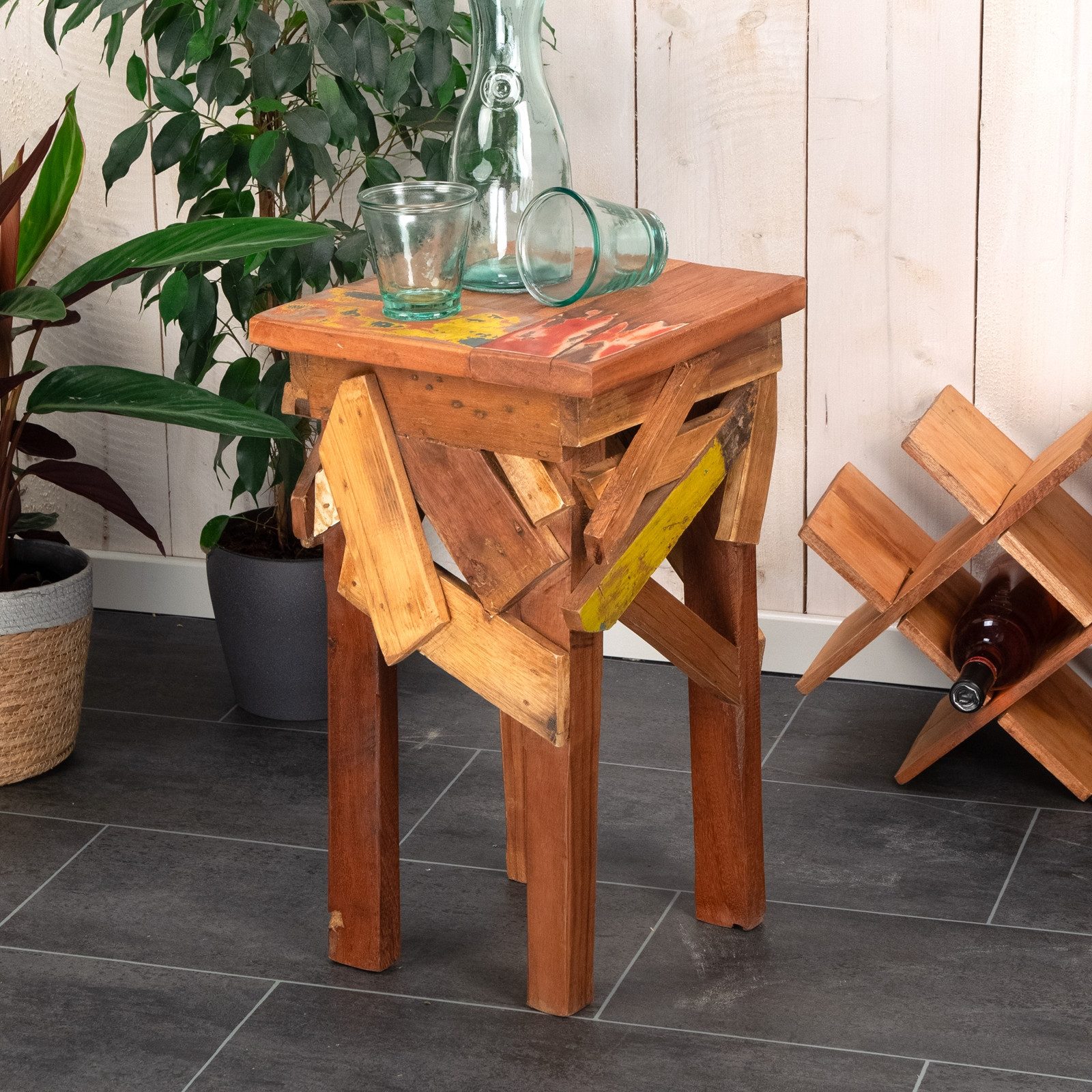 CREEDWOOD Hocker BUNTER HOCKER "PATCHY", Recyclingholz, 52cm, Natur Blumen Hocker