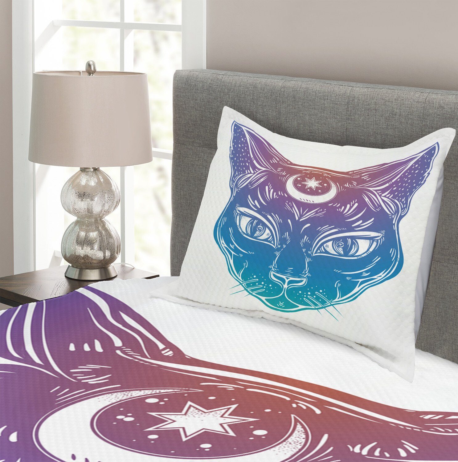 Katzen-Kopf-Mond Stern Abakuhaus, Kissenbezügen mit und Tagesdecke Boho Waschbar, Set