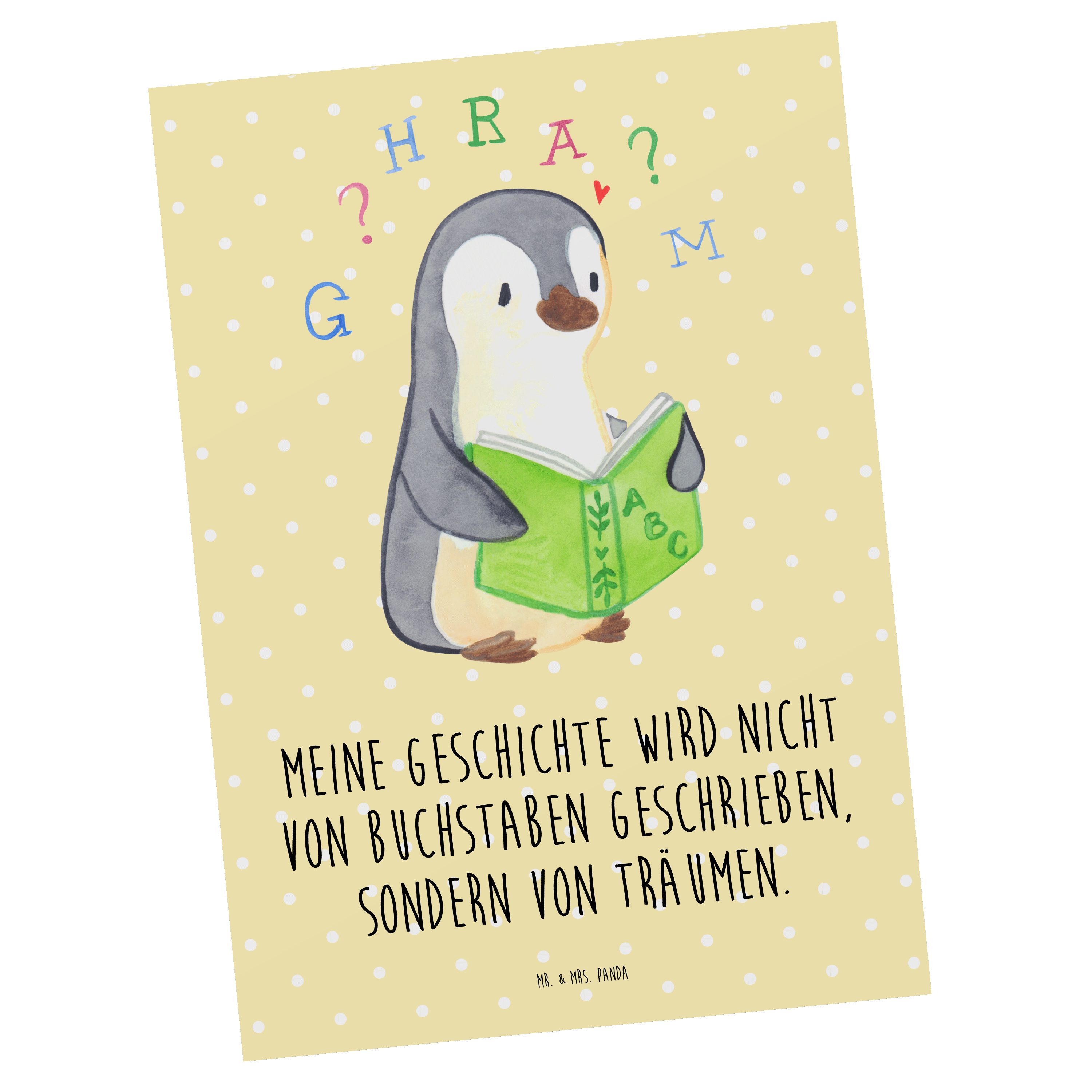 Mr. & Mrs. Panda Postkarte Pinguin Legasthenie - Gelb Pastell - Geschenk, Karte, Einladung, Lese, Hochglänzend
