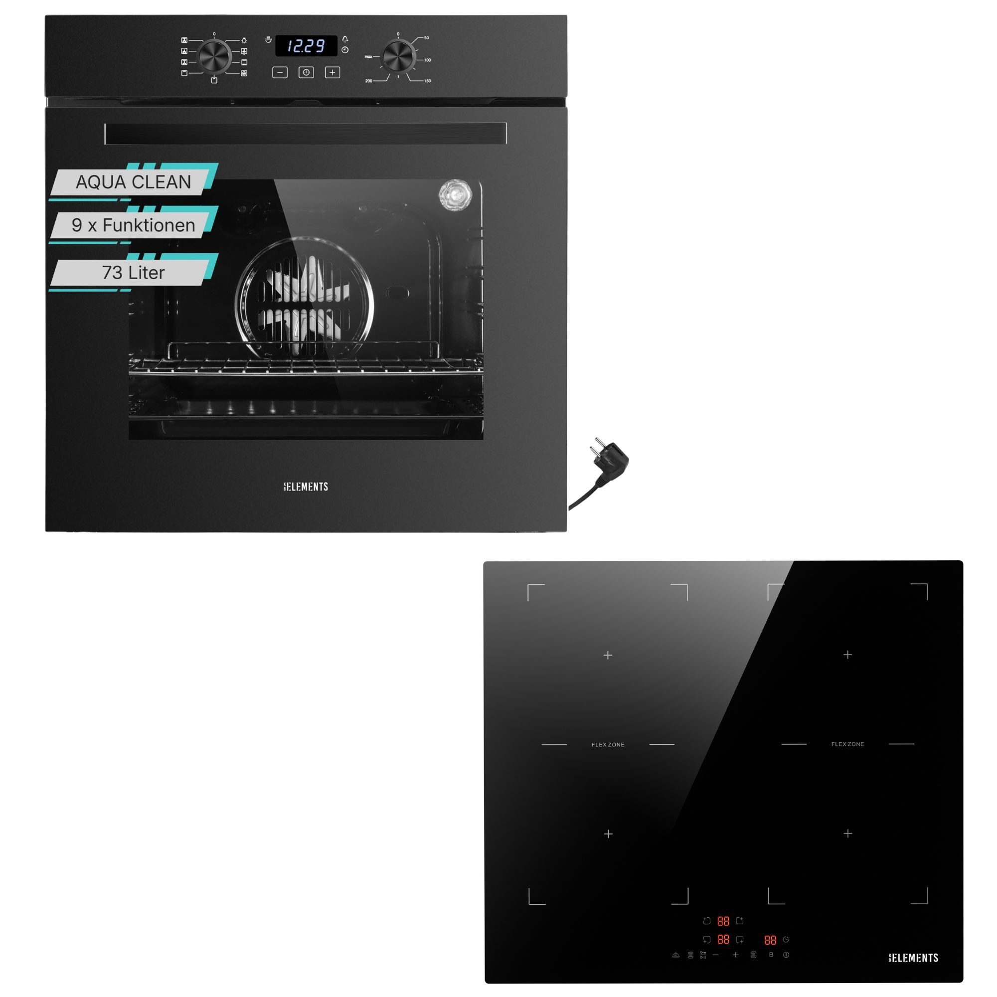 KB Elements Backofen-Set Einbaubackofen 60 cm mit 4-Zonen Induktionskochfeld 60cm, AQUA CLEAN, Aqua Clean, Circle Fan Heater, 2 x Flexzonen