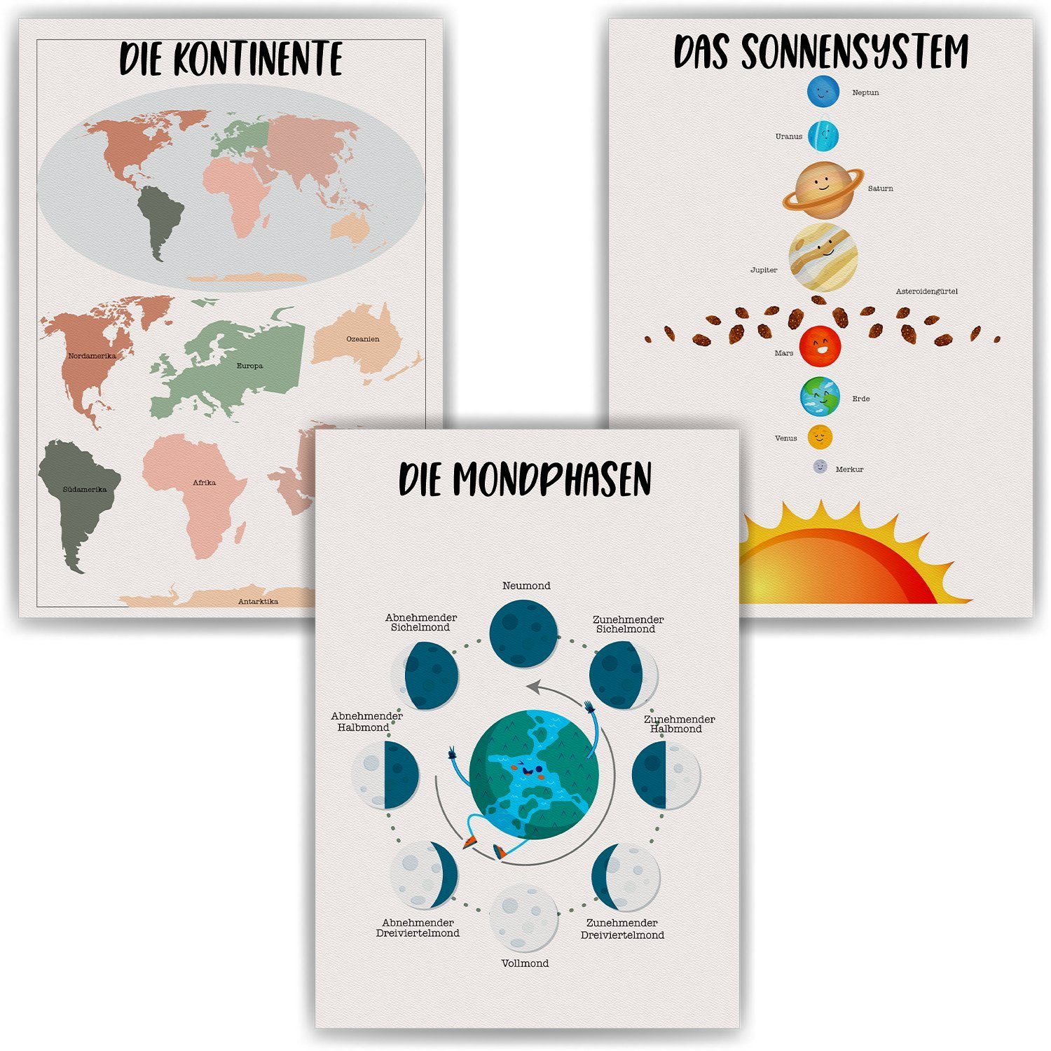 Kontinente Sonnensystem Mondphase 3er Kinderposter Poster Set Tigerlino Lernposter