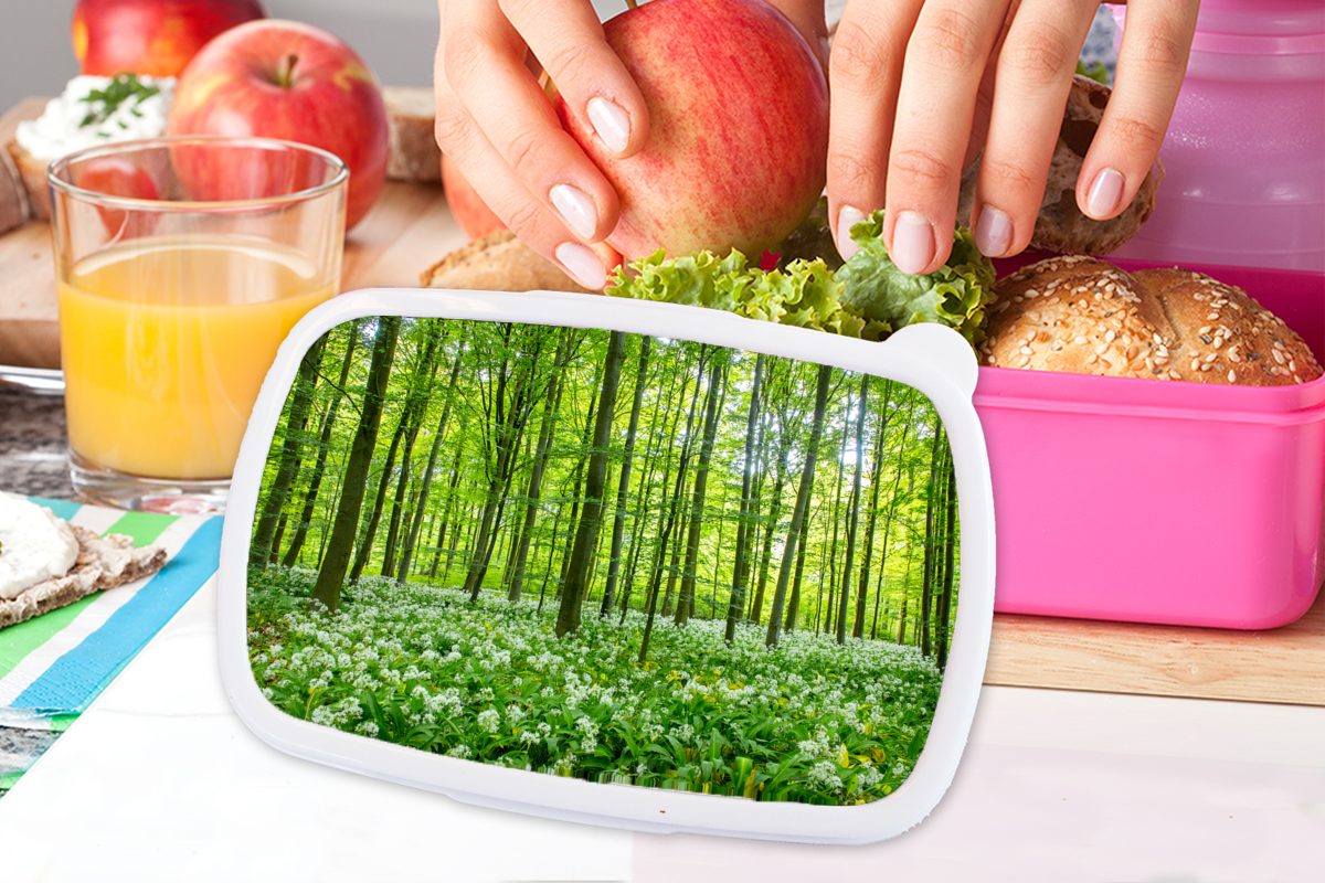 Kunststoff Mädchen, (2-tlg), Brotdose - MuchoWow rosa Grün, für Brotbox Kunststoff, Wald - Kinder, Snackbox, Erwachsene, Lunchbox Bäume