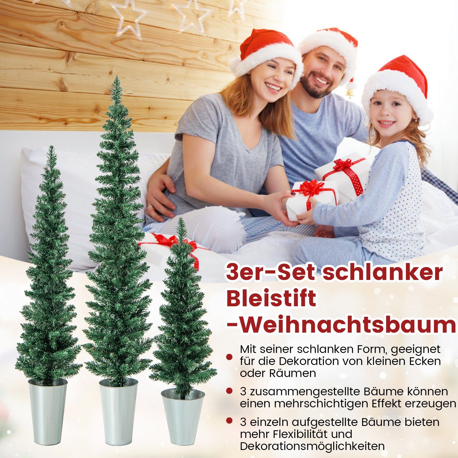 COSTWAY Weihnachtsbaum, 3er Künstlicher 90+120+150cm Bleistift Silber Tannenbaum Grün,