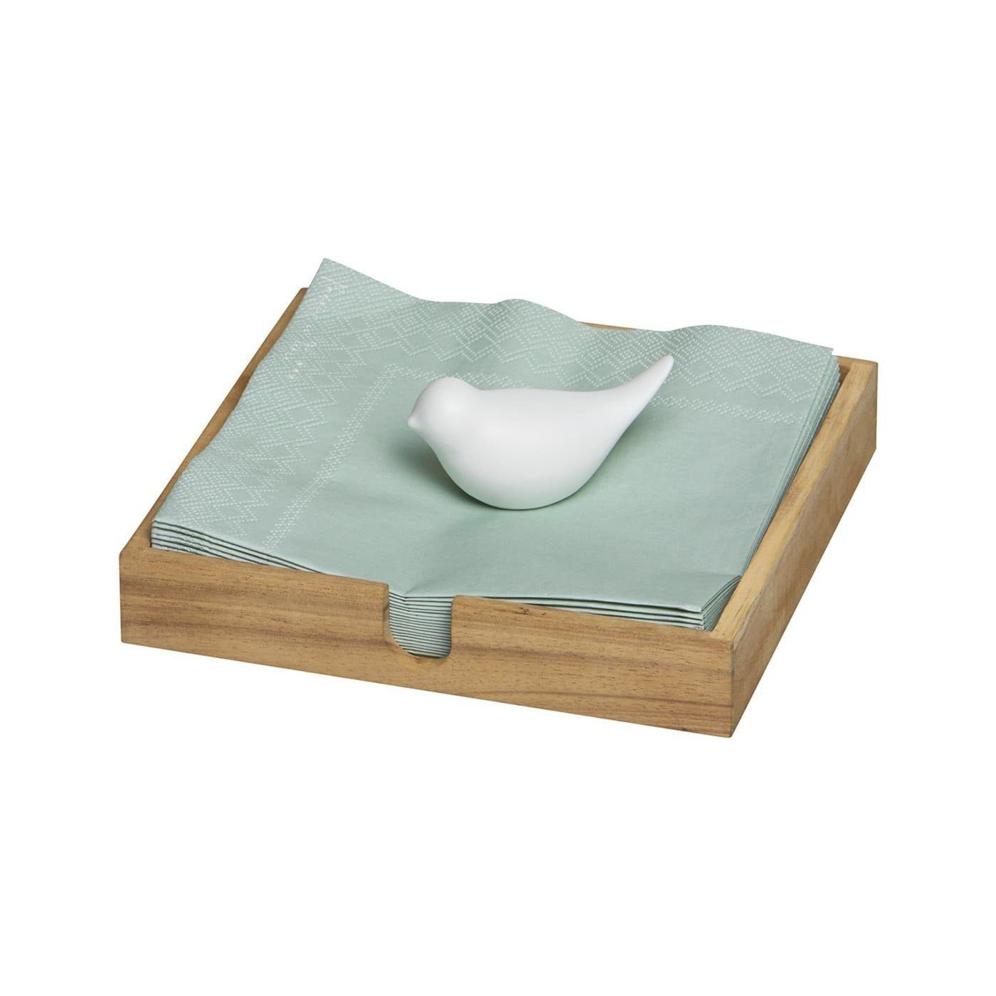 Räder Design Serviettenhalter PET Serviettenhalter Vogel  18x18x3cm, Porzellan & Akazienholz, Mit Porzellanvogel Beschwerer