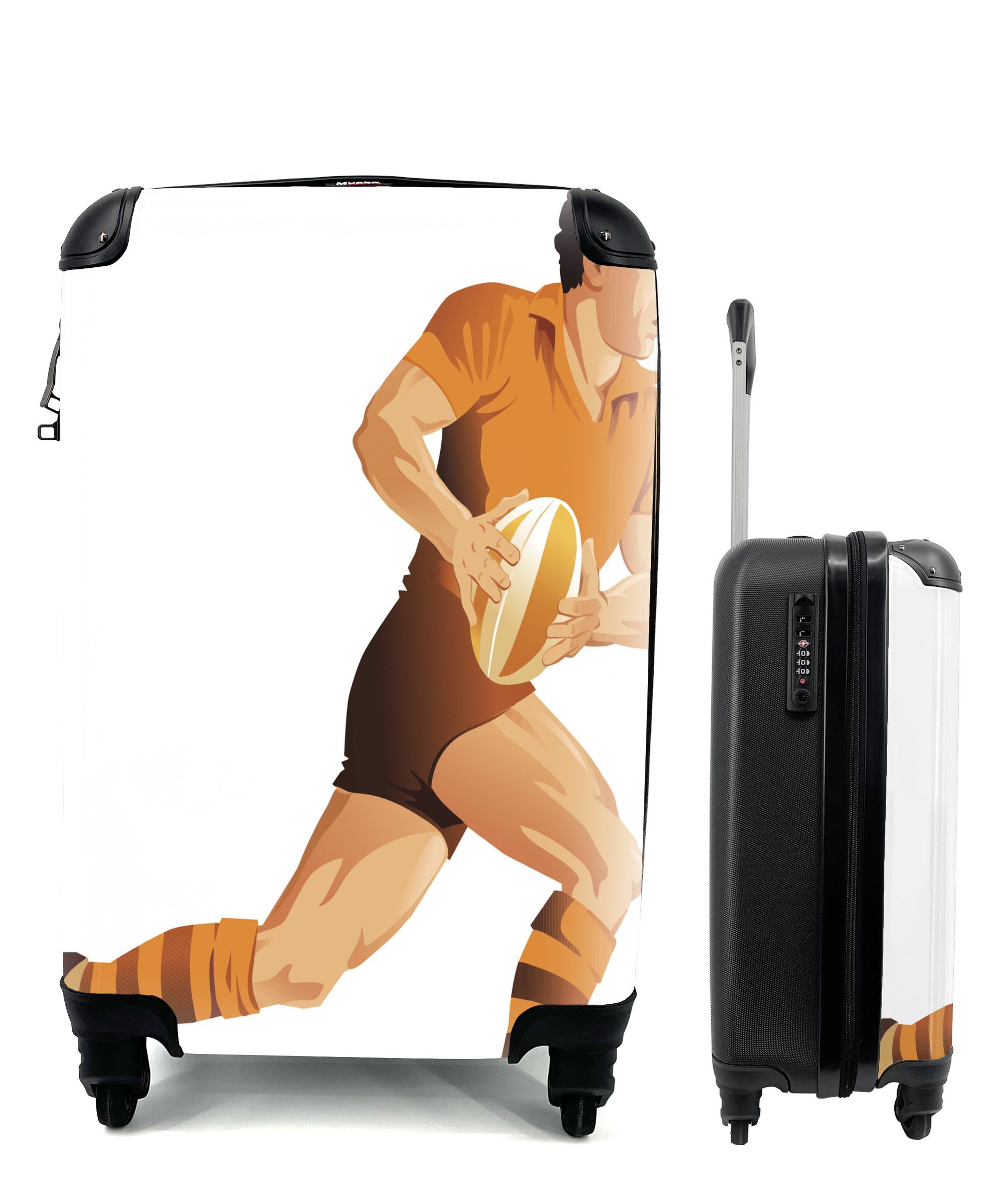 MuchoWow Handgepäckkoffer Eine Illustration eines Rugbyspielers, 4 Rollen, Reisetasche mit rollen, Handgepäck für Ferien, Trolley, Reisekoffer