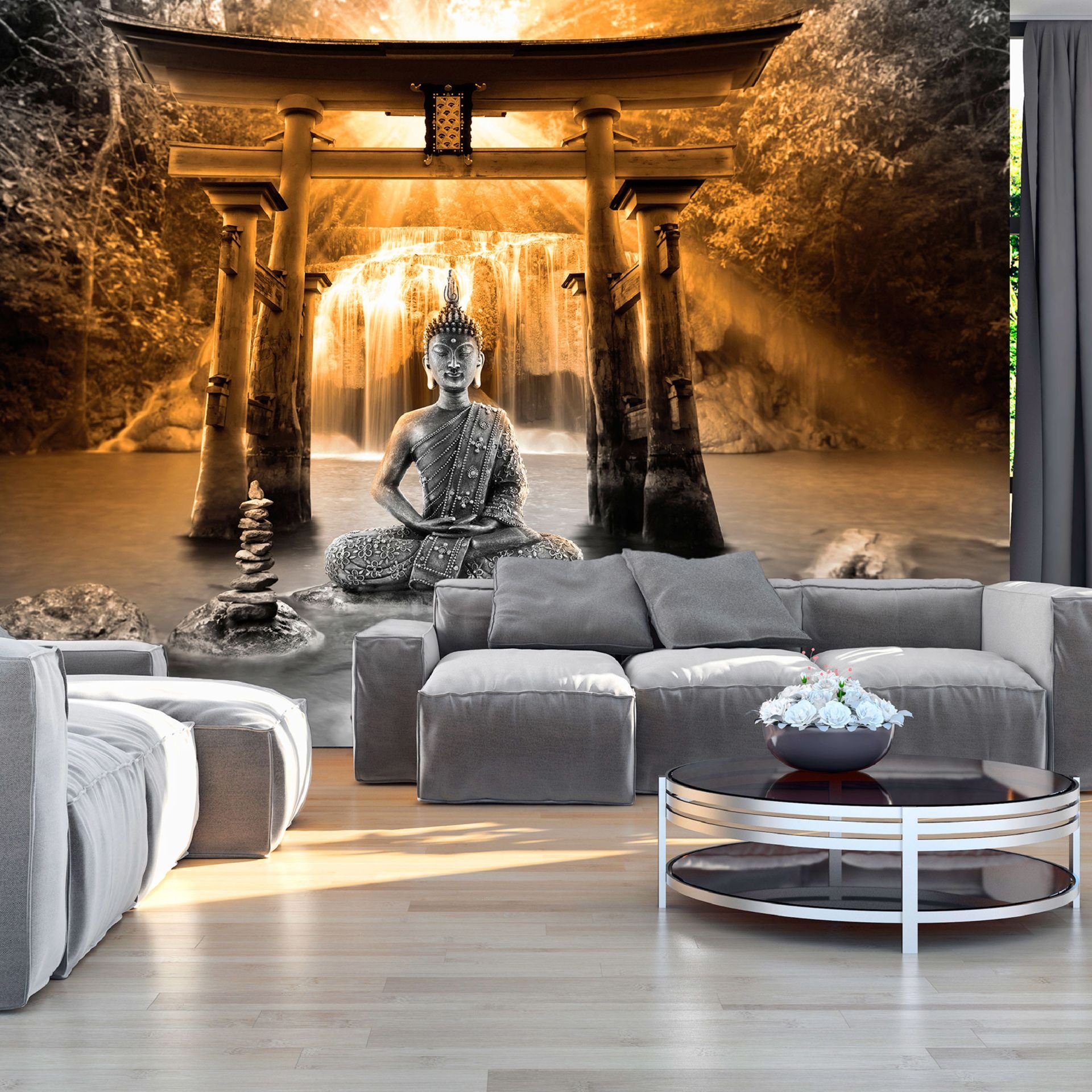 KUNSTLOFT Vliestapete Buddha Smile (Orange) 0.98x0.7 m, Halb-matt, Matt, lichtbeständige Design Tapete
