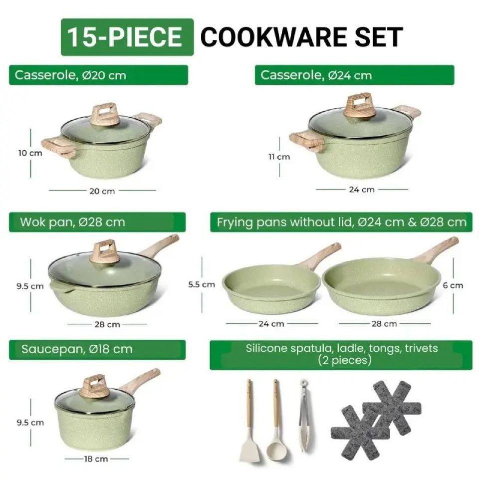 Just Perfecto Topf-Set Just Perfecto JL-787: 15-teiliges Kochgeschirr-Set aus Granit Grün