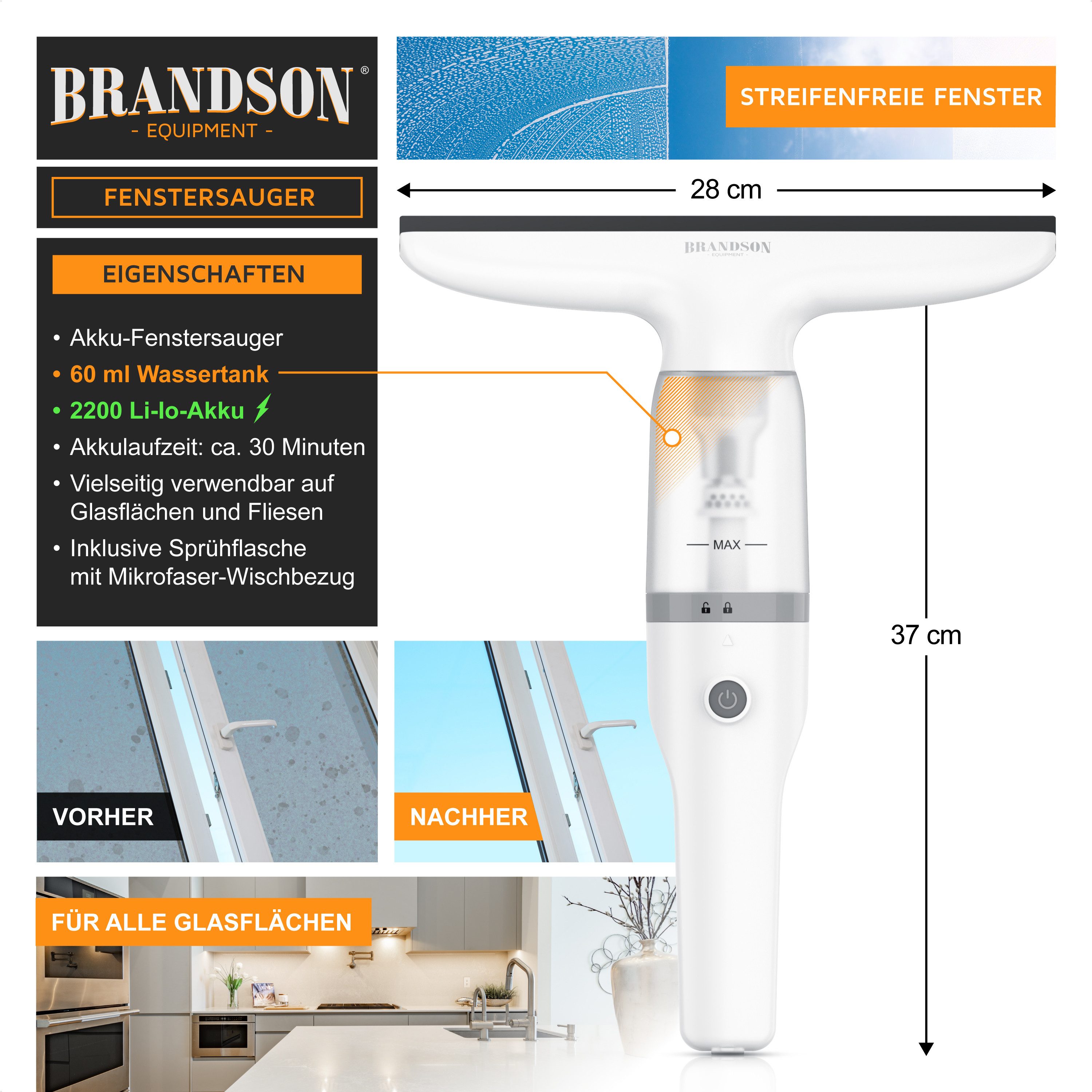 Brandson Akku-Fenstersauger Fensterreiniger inkl. Sprühflasche mit Wischbezug, 28 cm Saugdüse, Laufzeit ca. 30 minuten, für Fenster Duschkabine Spiegel, 2200 mAh