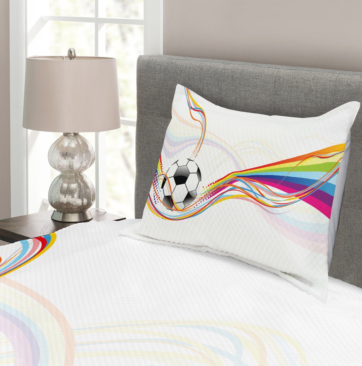 Abakuhaus, mit Waschbar, Kissenbezügen Tagesdecke Regenbogen-Muster-Linie Set Fußball