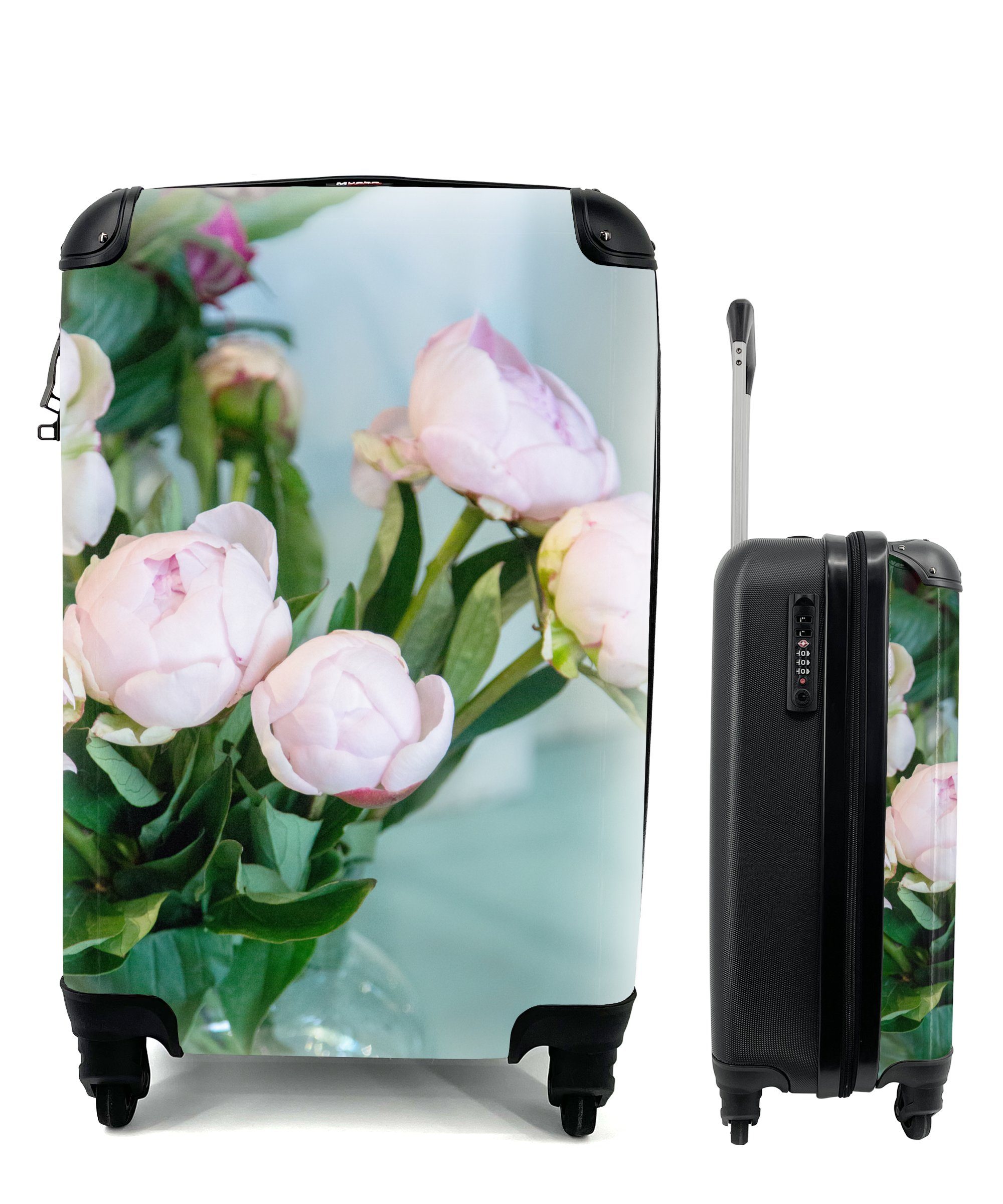 MuchoWow Handgepäckkoffer Knospen von rosa Pfingstrosen in einer Vase, 4 Rollen, Reisetasche mit rollen, Handgepäck für Ferien, Trolley, Reisekoffer