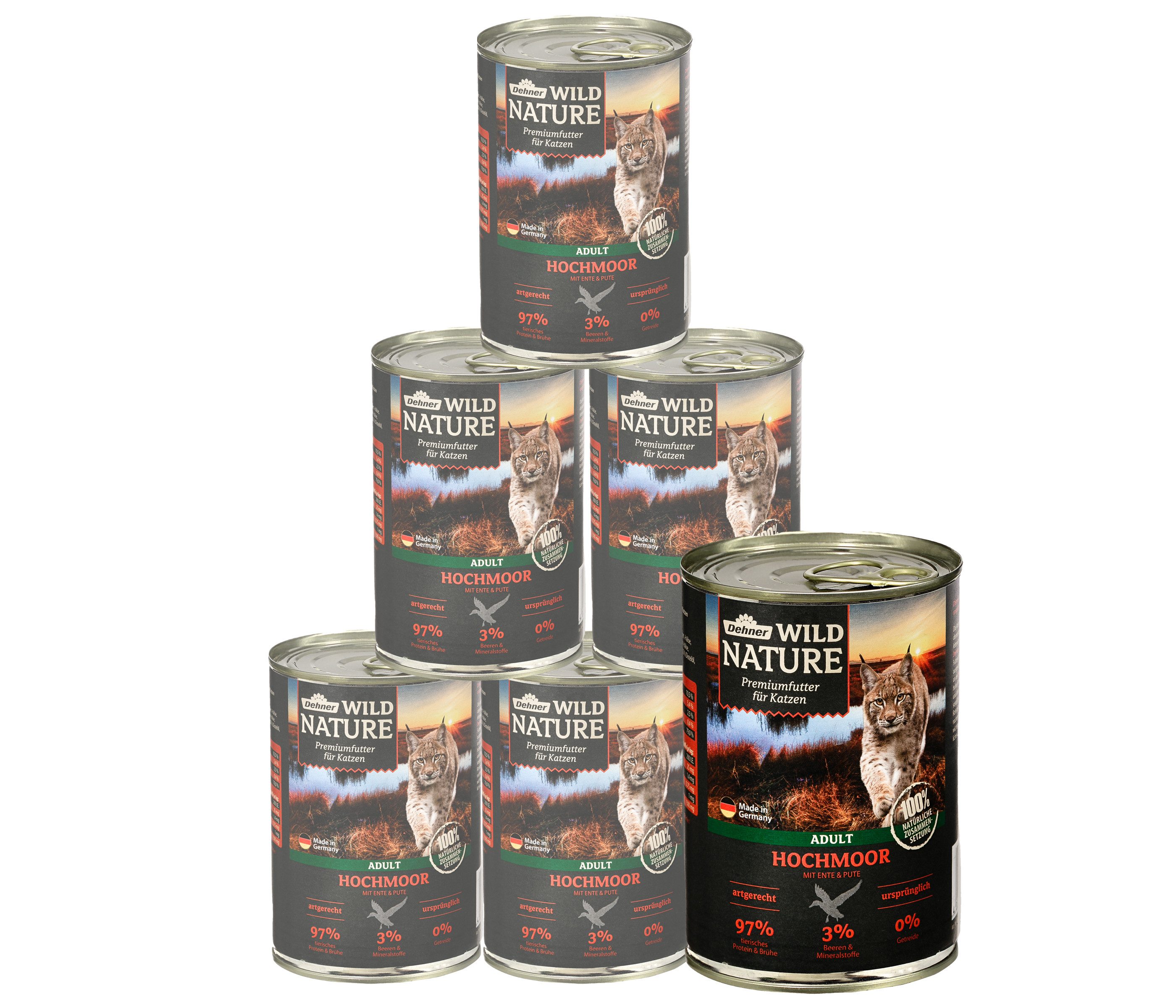 Dehner Wild Nature Hochmoor Adult Ente / Pute, 6 x 200 / 400g Dose Ente, 2400g, Влажный корм für ausgewachsene Katzen, glutenfrei