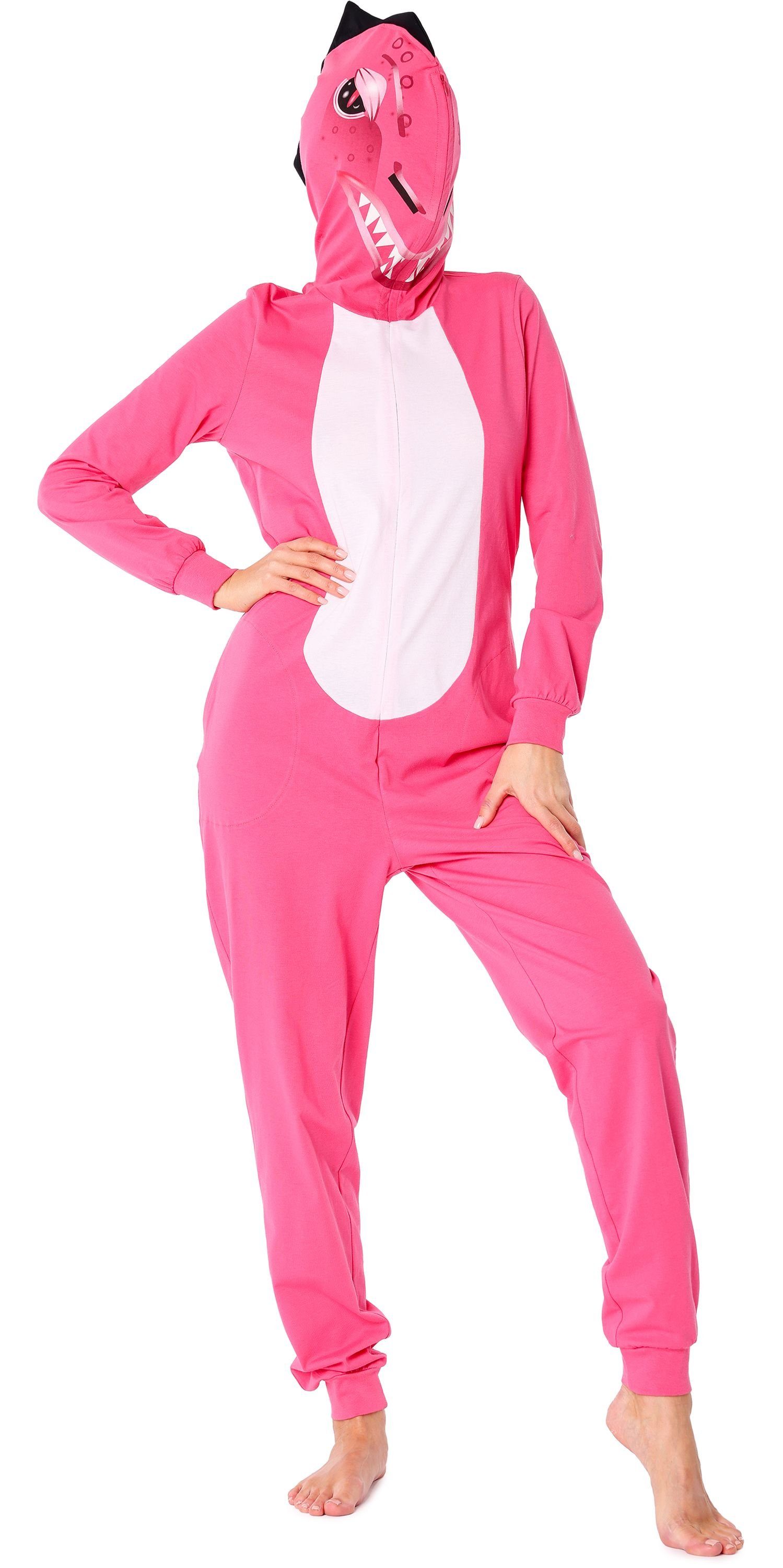 Ladeheid Schlafanzug Damen Schlafoverall aus Baumwolle Jumpsuit mit Kapuze LA40-234 ohne Dunkelrosa Dino