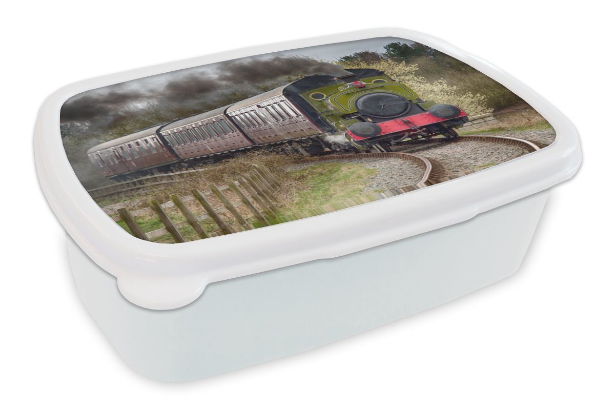 MuchoWow Lunchbox Ein herannahender Dampfzug, Kunststoff, (2-tlg), Brotbox für Kinder und Erwachsene, Brotdose, für Jungs und Mädchen weiß