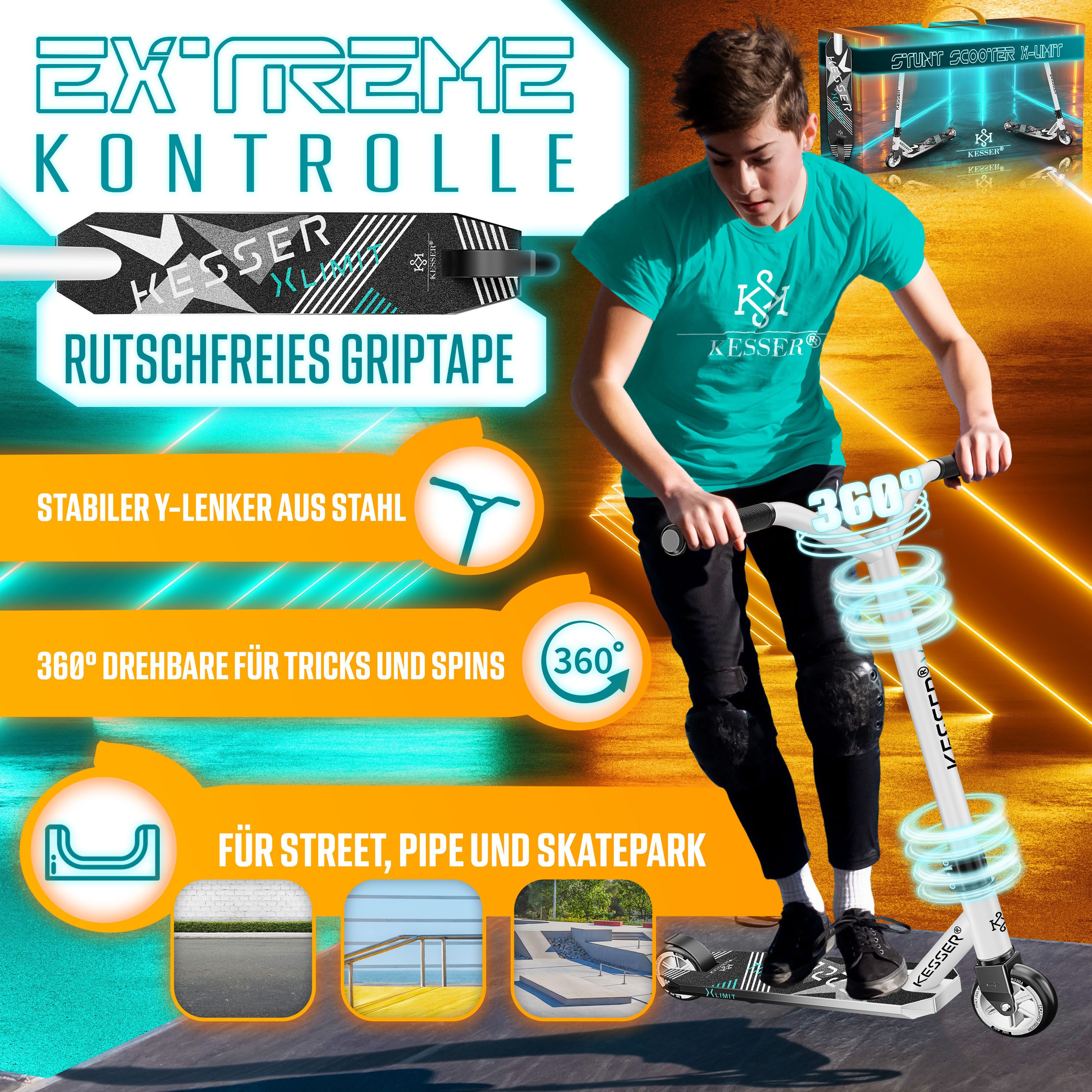 KESSER Stuntscooter X-Limit 360° Lenkung, ABEC9 Kugellagern, 100 mm PU Räder, Freestyle Kickscooter Funscooter für Kinder & Erwachsene