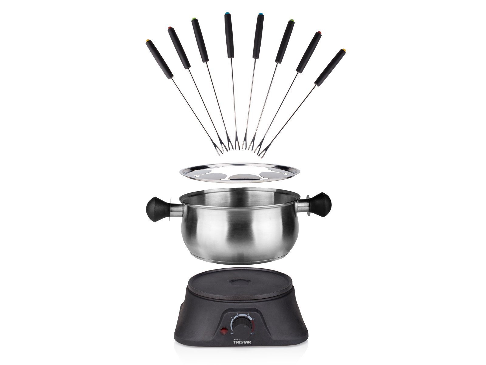 Tristar Elektro-Fondue, 8 Fonduegabeln, 1.3 l, 2-8 Personen Set mit Saucenring Fonduetopf auch für Käsefondue