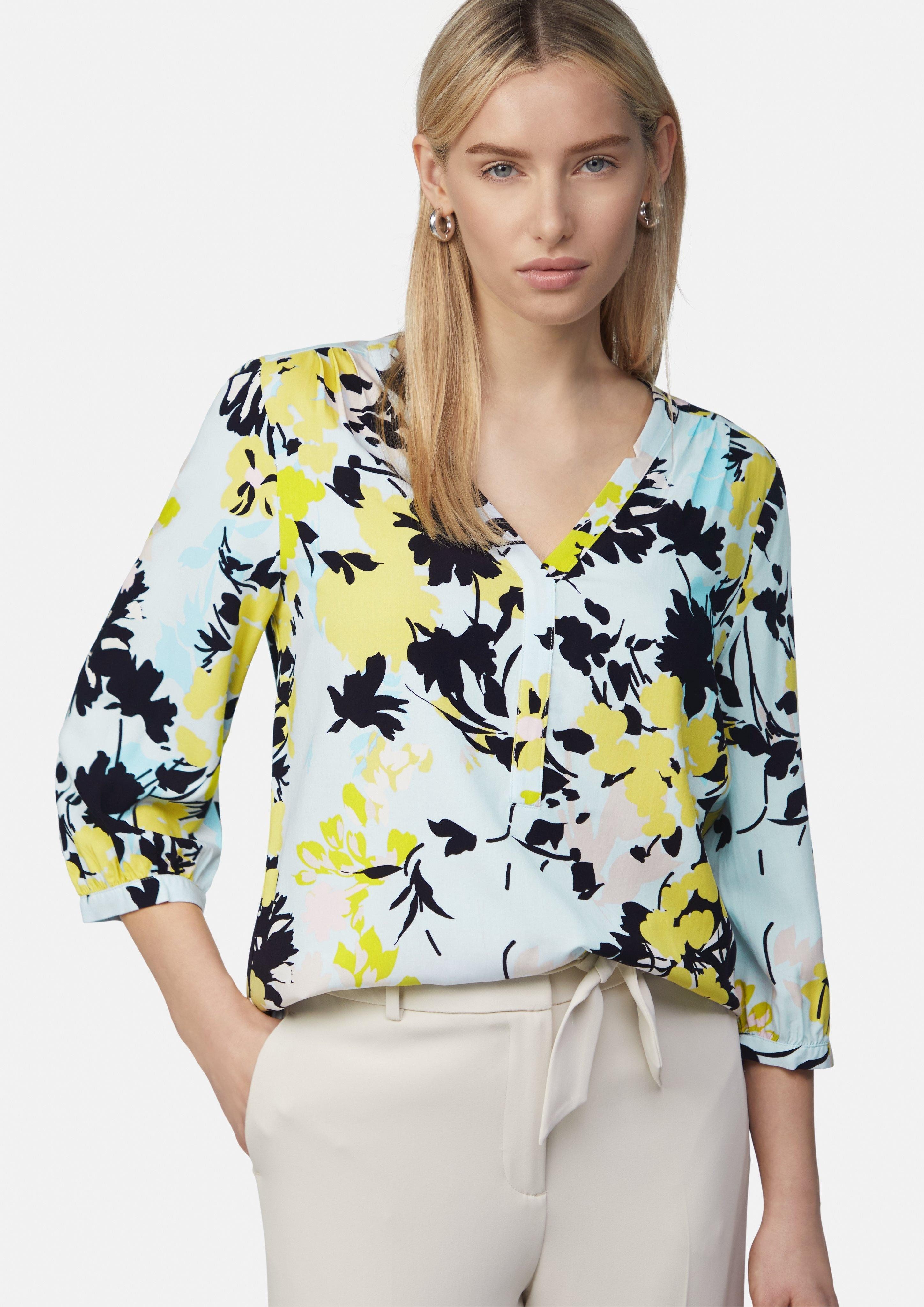3/4-Arm-Shirt Gemusterte Bluse mit Tunika-Ausschnitt und 3/4-Ärmeln