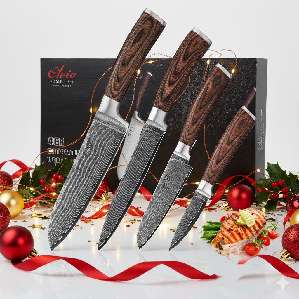 Wakoli Messer-Set Edib 4er Damastmesser-Set I Kochmesser Küchenmesser 8 bis 18cm Klingen (Damastmesser mit Geschenkbox, 4-tlg., 4er Damastmesser-Set)