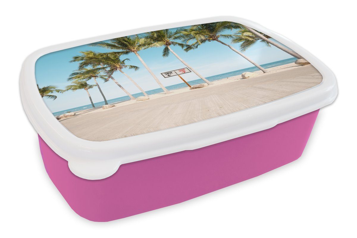 MuchoWow Lunchbox Palme - Strand - Sommer, Kunststoff, (2-tlg), Brotbox für Erwachsene, Brotdose Kinder, Snackbox, Mädchen, Kunststoff rosa