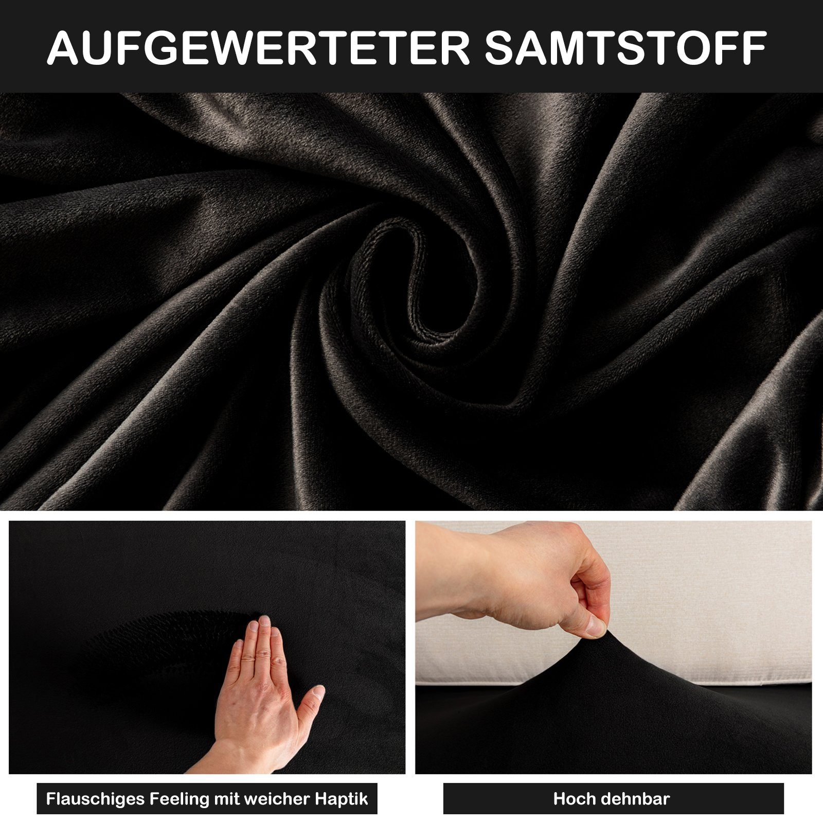 Loung Sofahusse Rosnek, Schwarz Sitzbezug,Samt Stretch Sofahusse Elastic Sitzkissenbezug, Sofa Stretch,Schonbezug, Chaise