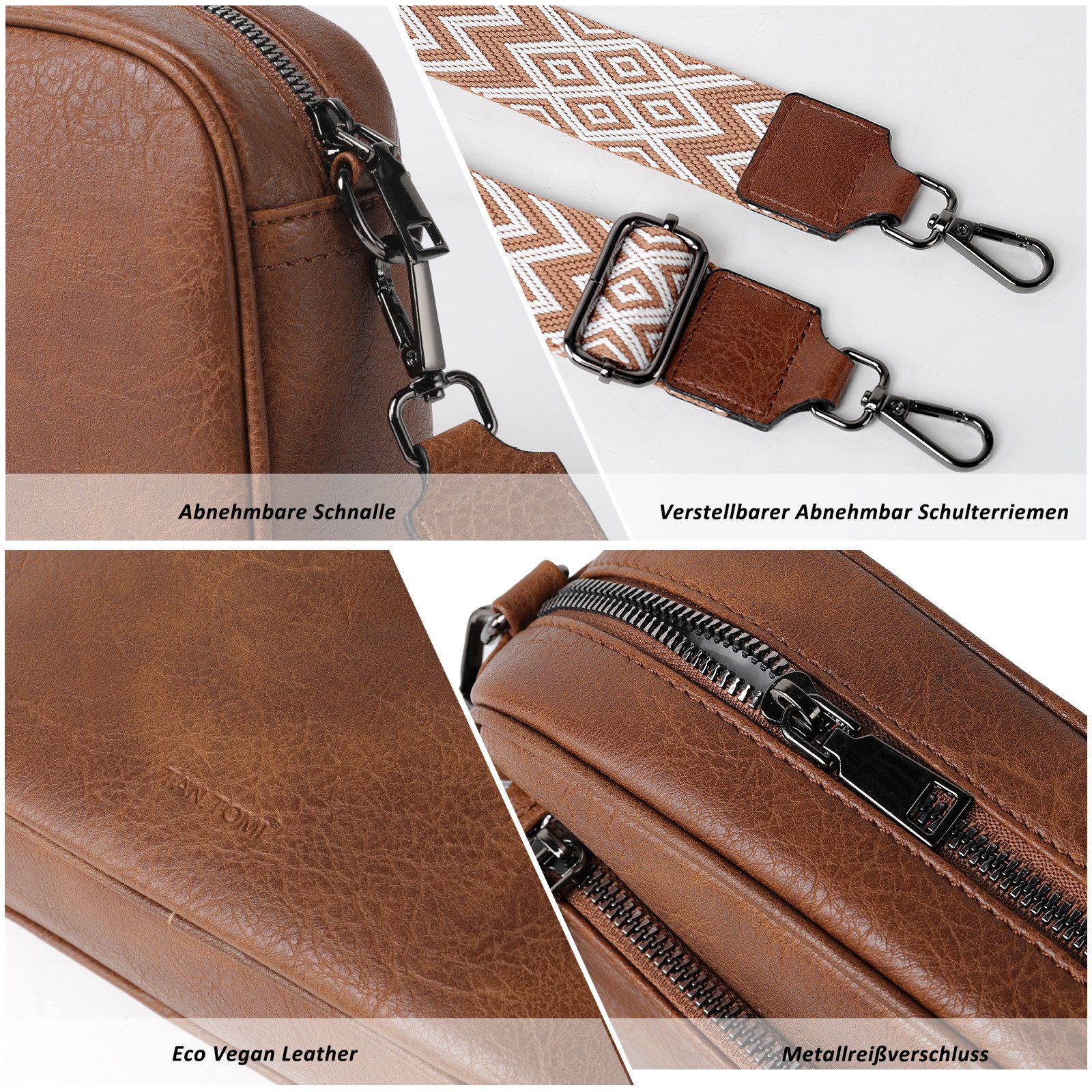TAN.TOMI Umhängetasche Damen Handy Schultertasche, Kunstleder Crossbody Umhängetasche (Drei Reißverschlussfächern mit Verstellbar Abnehmbar Schultergurt), Breiter Riemen Abendtasche