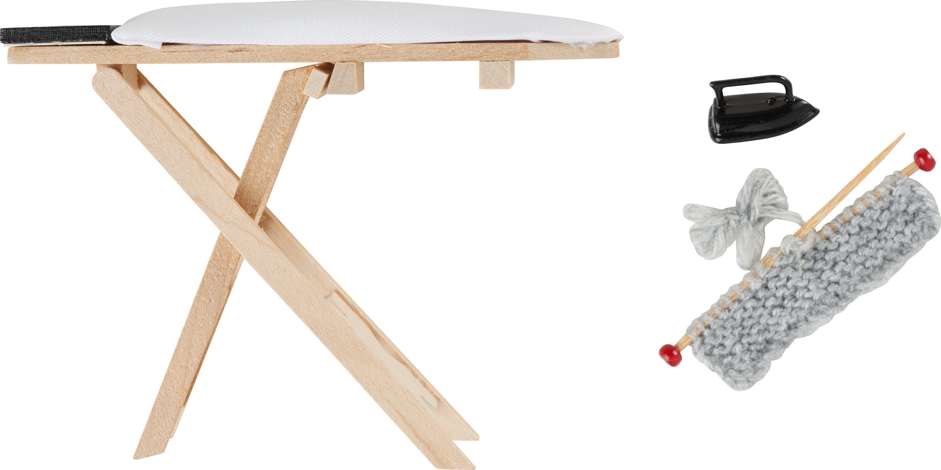 HobbyFun Dekofigur Wichtel-Set Bügelbrett, Bügeleisen & Strickutensilien, 3 Teile