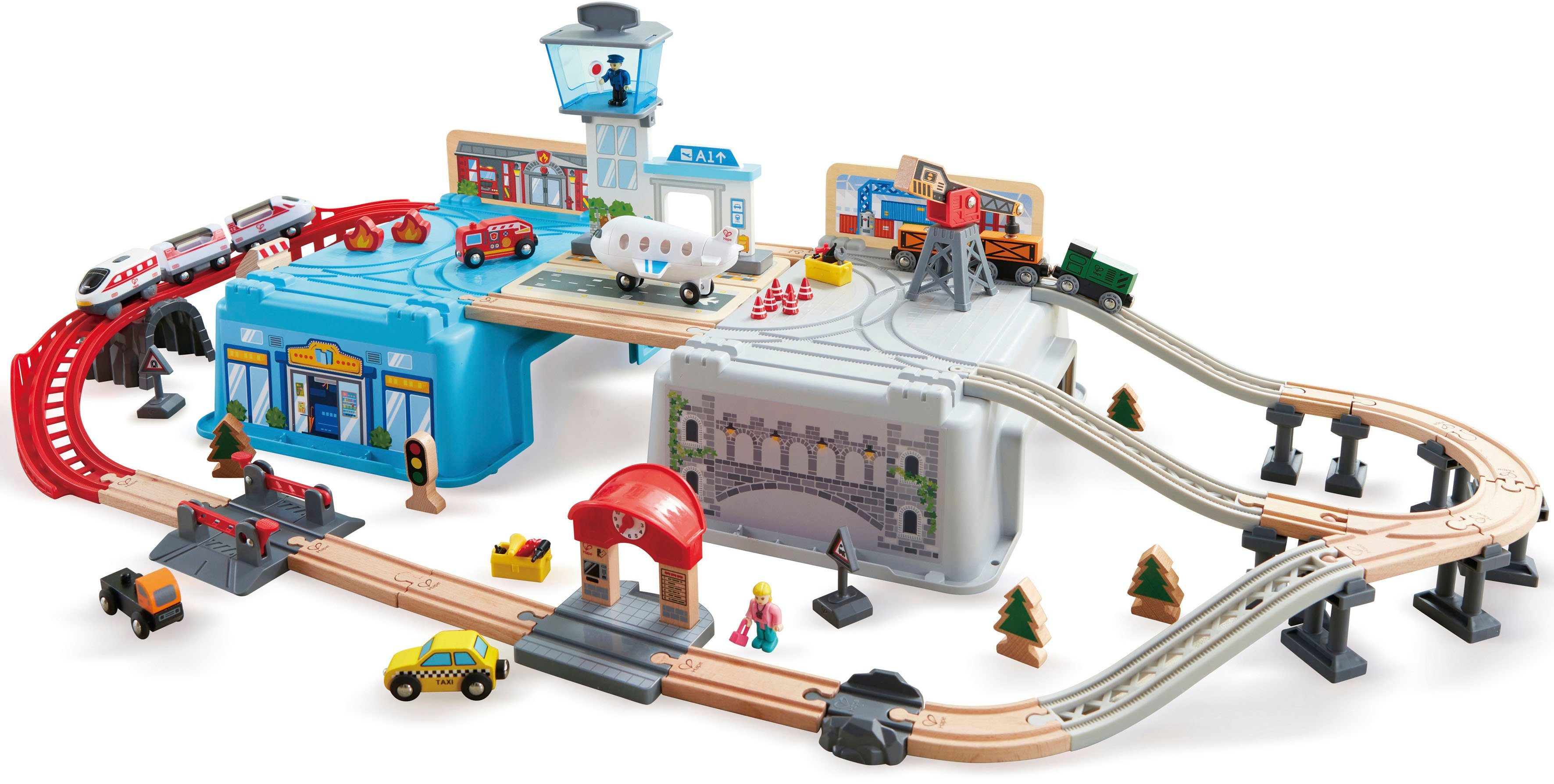 Hape Spielzeug-Eisenbahn Großstadtlandschaft Eisenbahn in Aufbewahrungsbox, FSC®- schützt Wald - weltweit