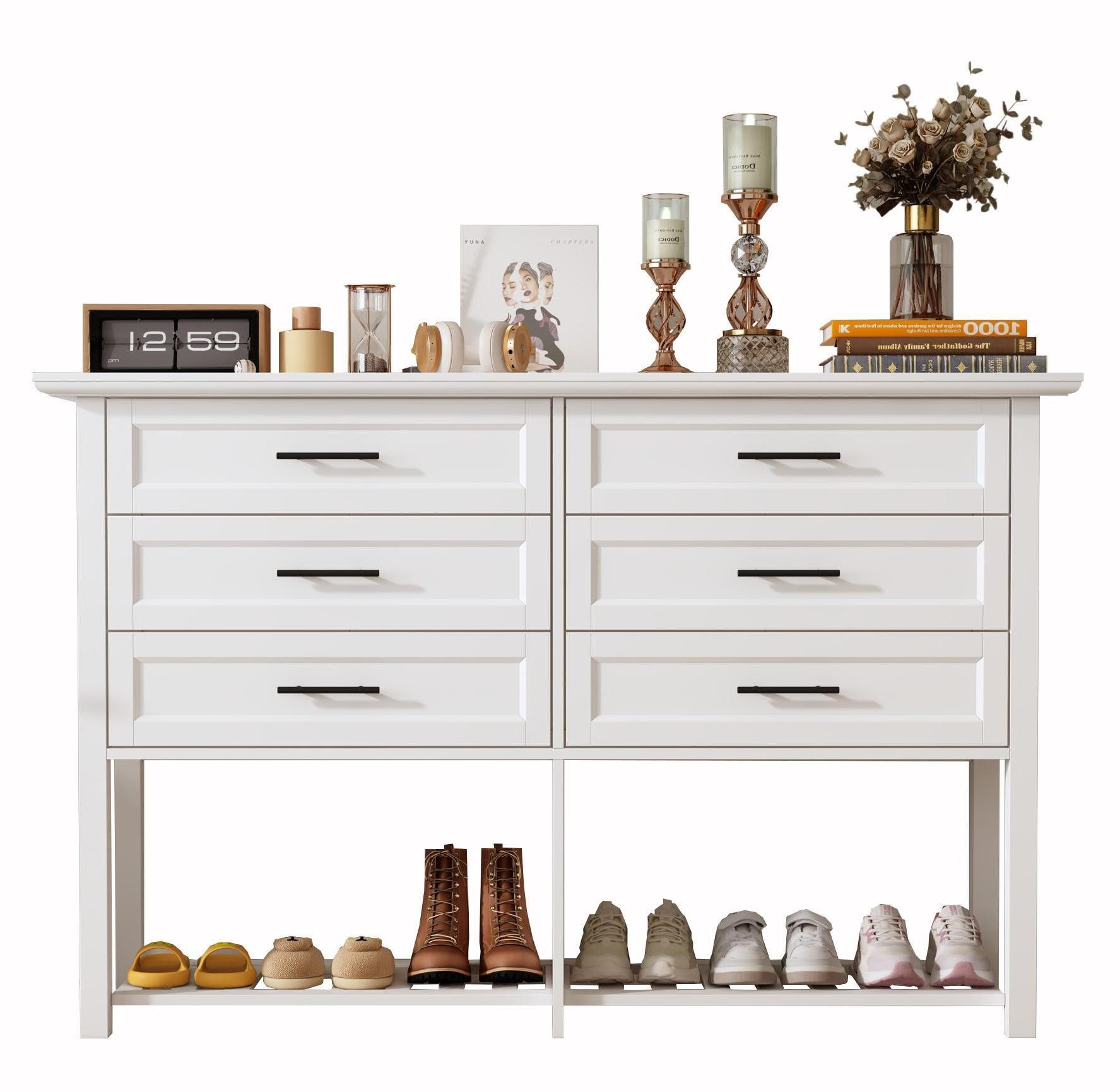 Kommode 6-Schubladen-Schrank mit Schuhregal,140 x 90 x 40 cm, weiß, MDF