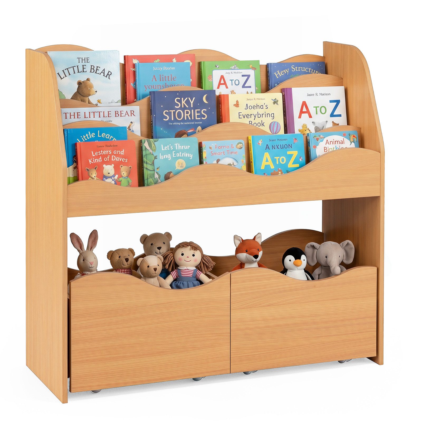 COSTWAY Kinderregal, Bücherregal Kinder mit 2 Boxen auf Rollen