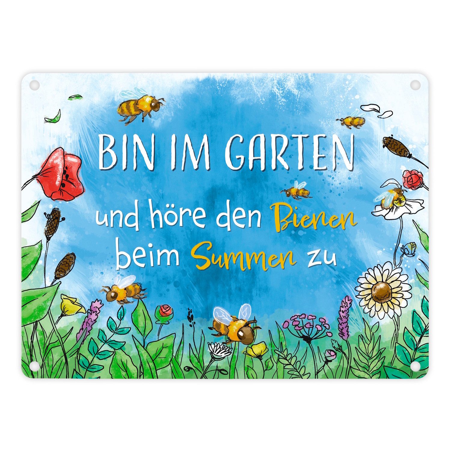 speecheese Metallschild Bin im Garten Metallschild in 15x20 cm mit Blumenwiese und Bienen
