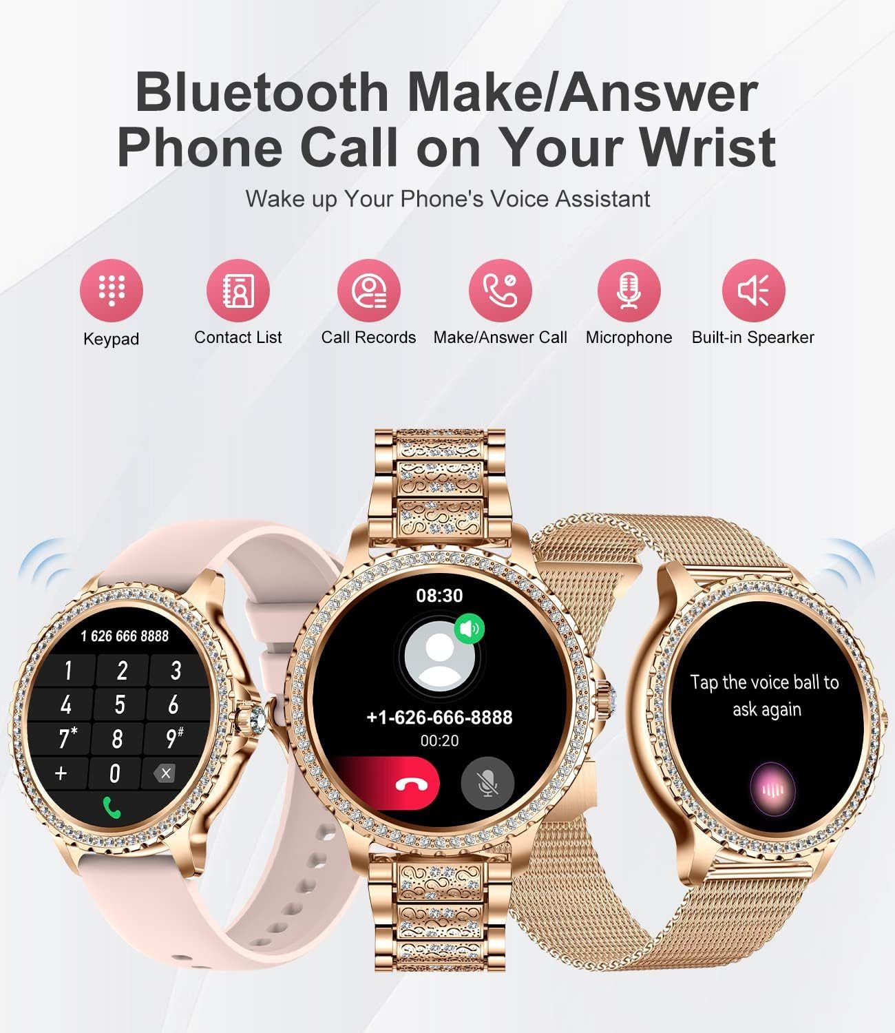 Lige Damen's Bluetooth Anrufe; Touchscreen Edelstahl Fitness-Tracker Smartwatch (3,3 cm/1,32 Zoll, Android iOS), Telefonieren funktion 100+ Sport Activity Tracker Schlafanalyse uhr