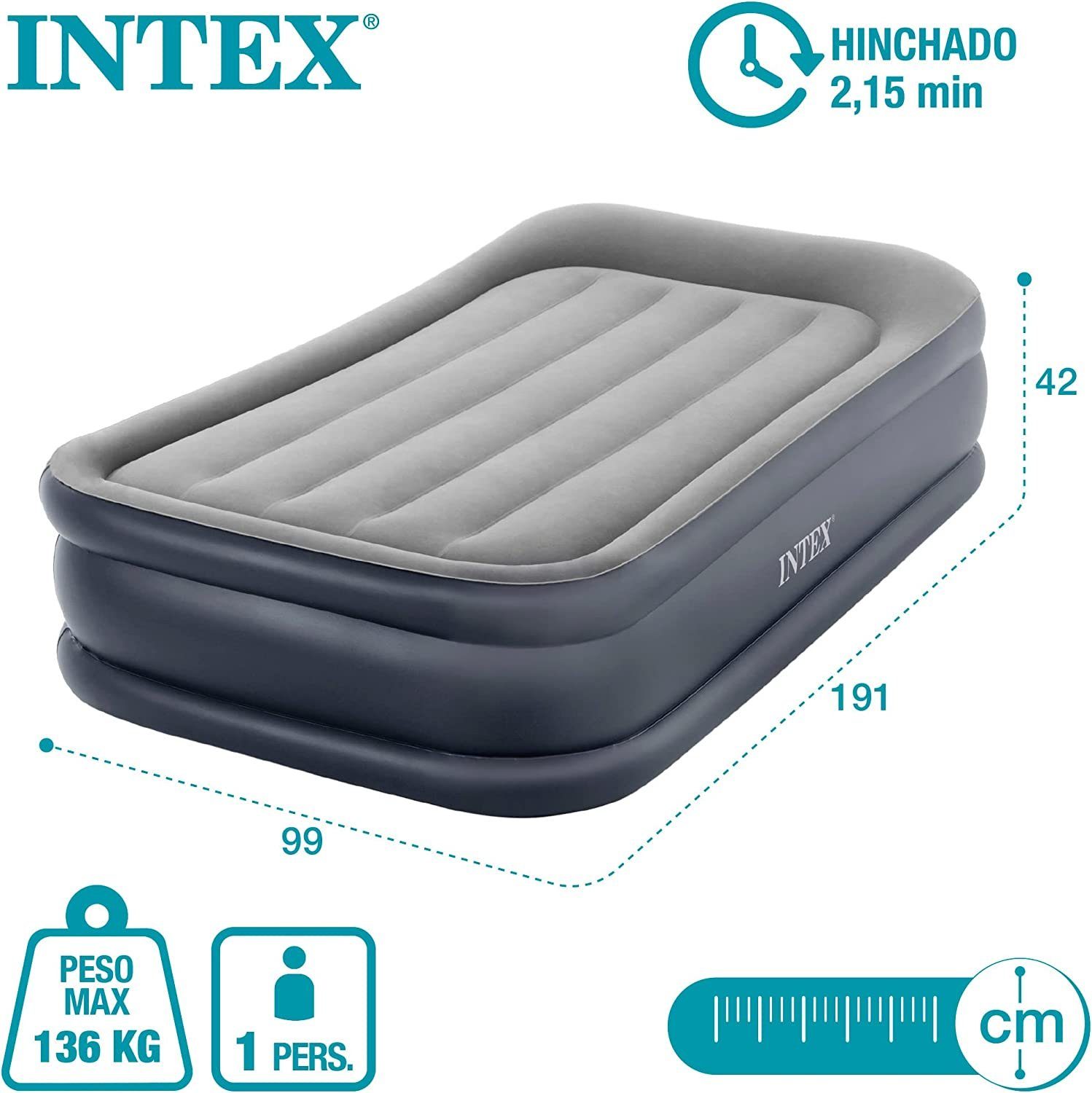 Intex Luftbett Dura-Beam Standard Luftmatratze 1 Person Reisebett, Gästebett, (Set 1-tlg, mit Tragetasche), integrierte elektrische Luftpumpe, extra Höhe von 42 cm