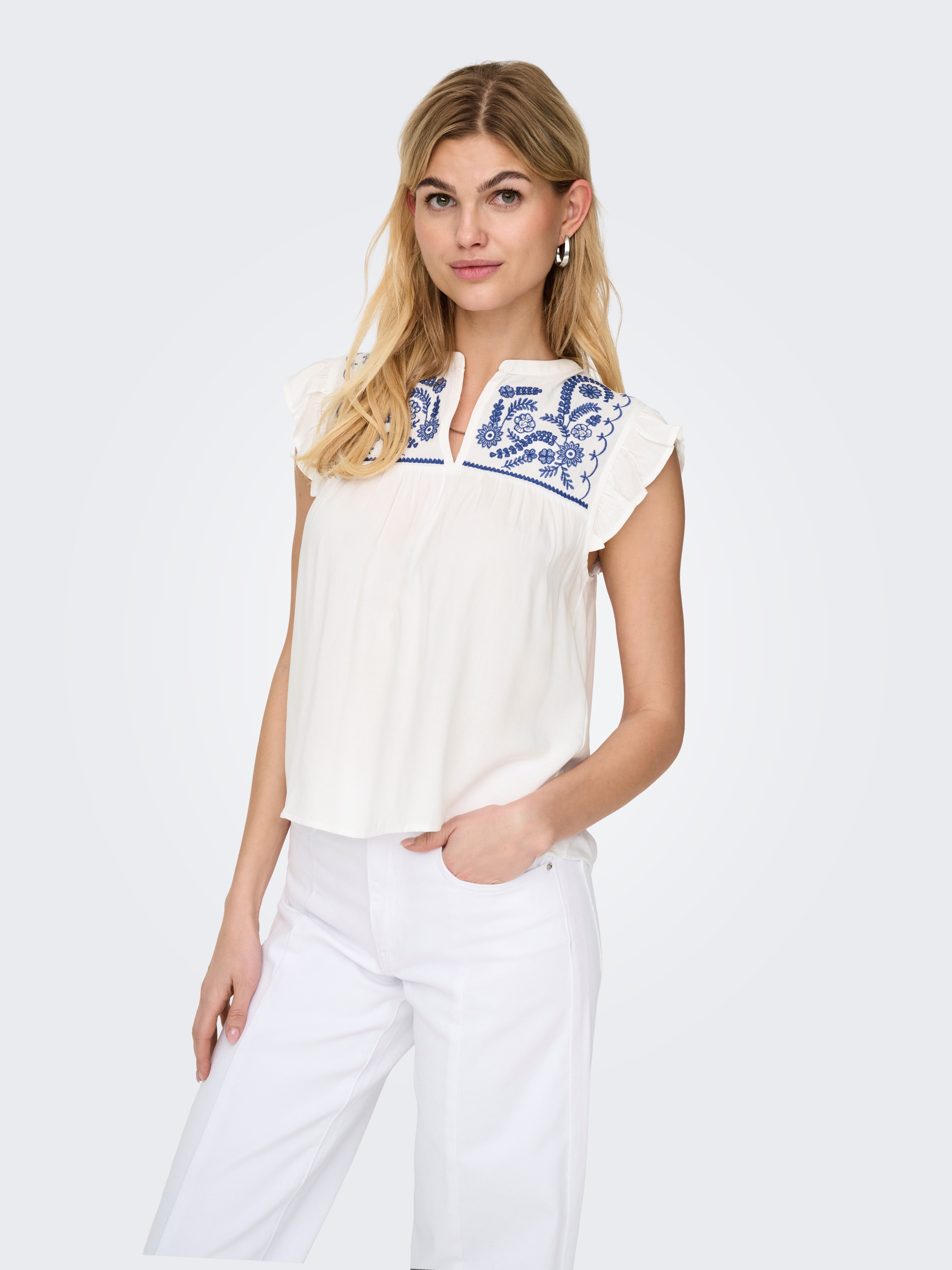 ONLY Rüschentop ONLVESTINE S/S TOP WVN NOOS Viskose, loose fit, Rundhals