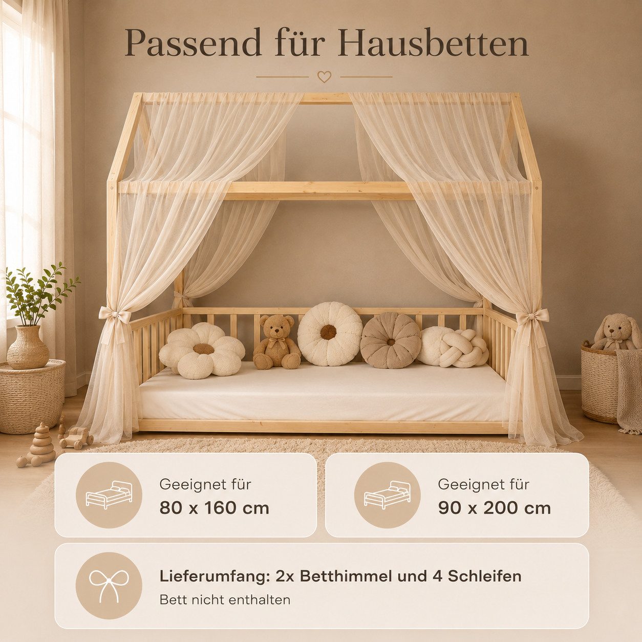 Baby Fancyroom Betthimmel Hausbett Himmel Premium Tüll, Baldachin für Kinderbett Mädchenzimmer, 2-teilig, mit 4 Schleifen, Premium Tüll