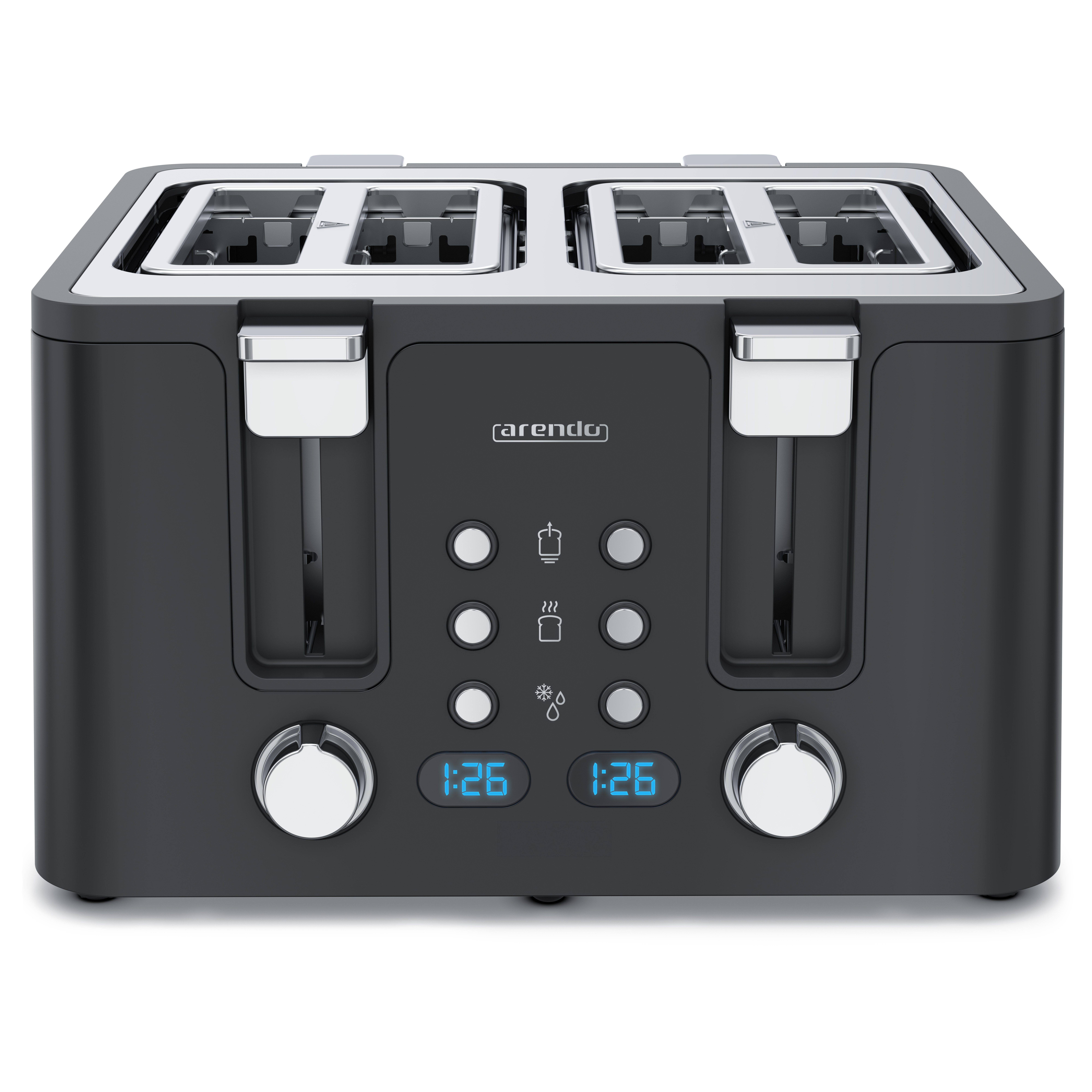 Arendo Toaster Edelstahl, Brötchenaufsatz, Restzeitanzeige, Schwarz, 4 kurze Schlitze, für 4 Scheiben, 1750 W, Doppelwandgehäuse, Defrost Funktion, Krümelschublade, 6 Bräunungsgrade