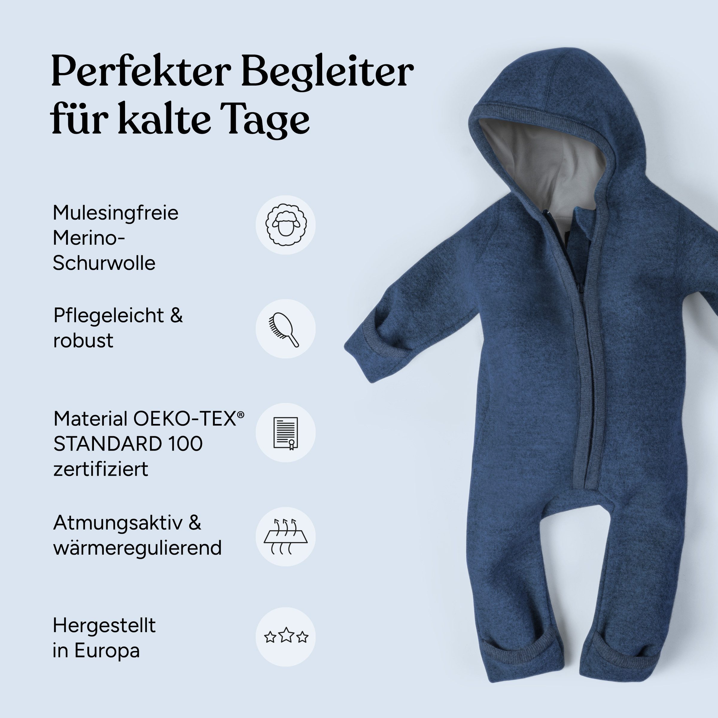 Ehrenkind Overall Walkoverall Baby aus Merino Schurwolle mit Reißverschluss (Jade, Gr. 50-56) Wollwalk Overall Baby 50/56